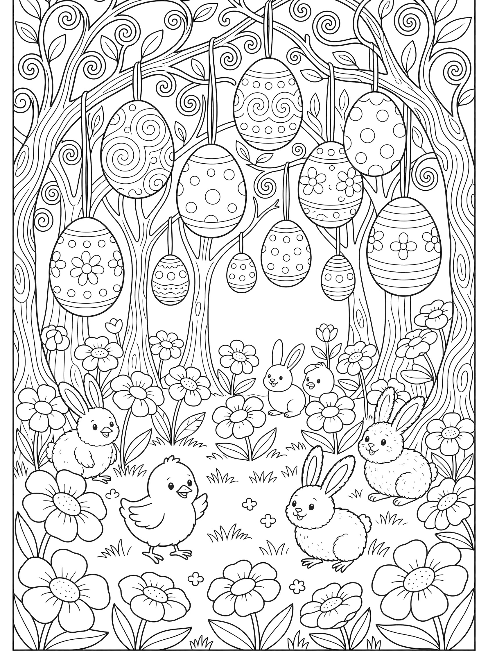 Printable coloring page showing decorative Easter eggs dangling from curly branches in a spring grove with hopping chicks and bunnies amid blooming flowers.