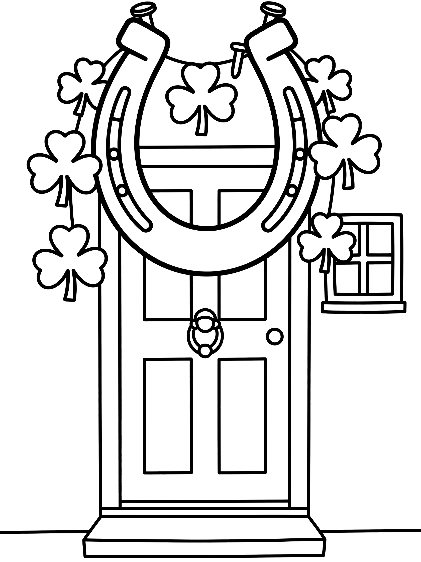 Black and white line art coloring page showing a large horseshoe with dangling shamrocks over a wooden door, four-leaf clovers, door knocker, and small window for St. Patrick's Day.
