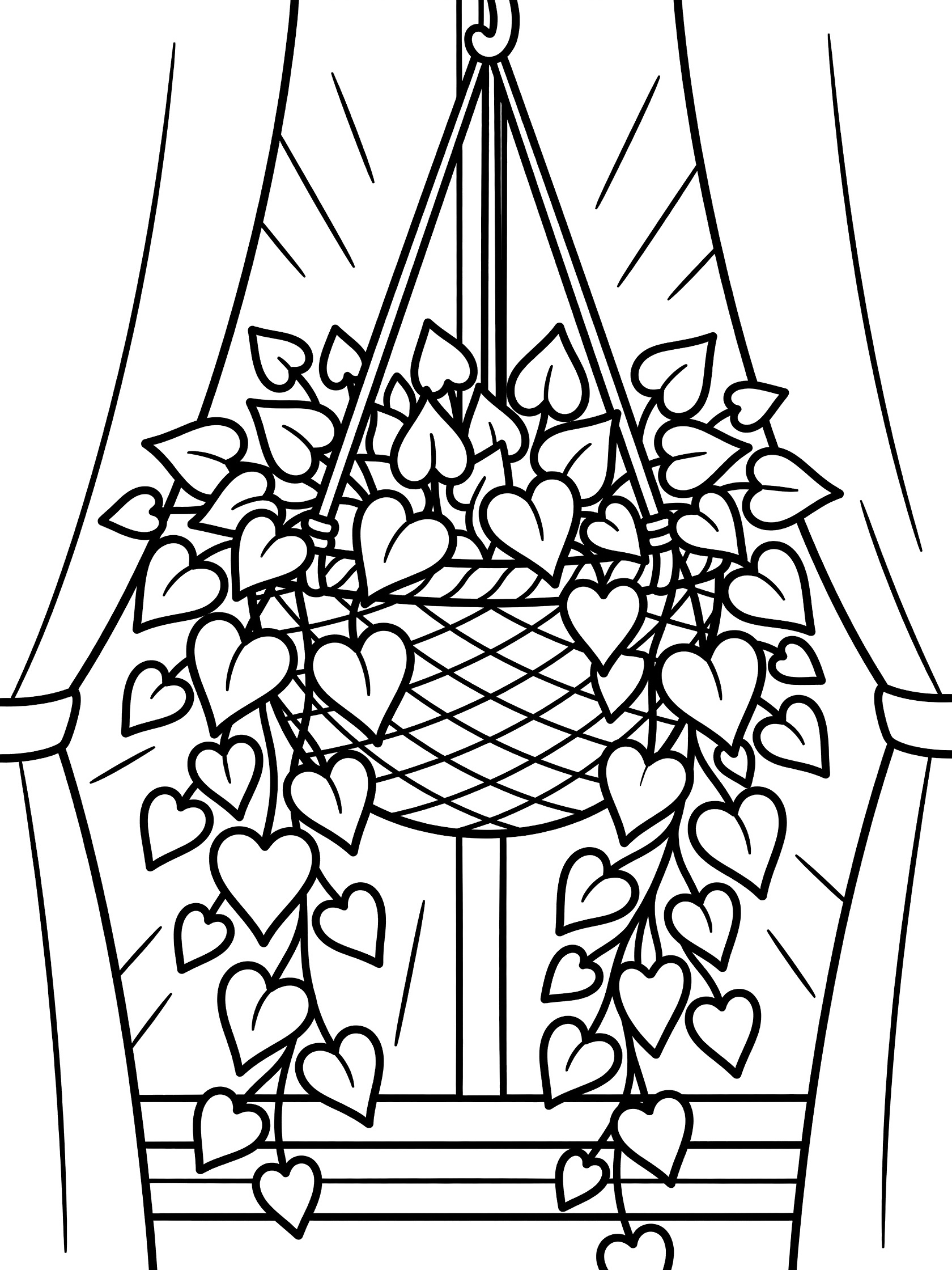 Black and white line art of a basket with hanging leaves in front of curtains and a window. English Ivy themed black and white printable line art