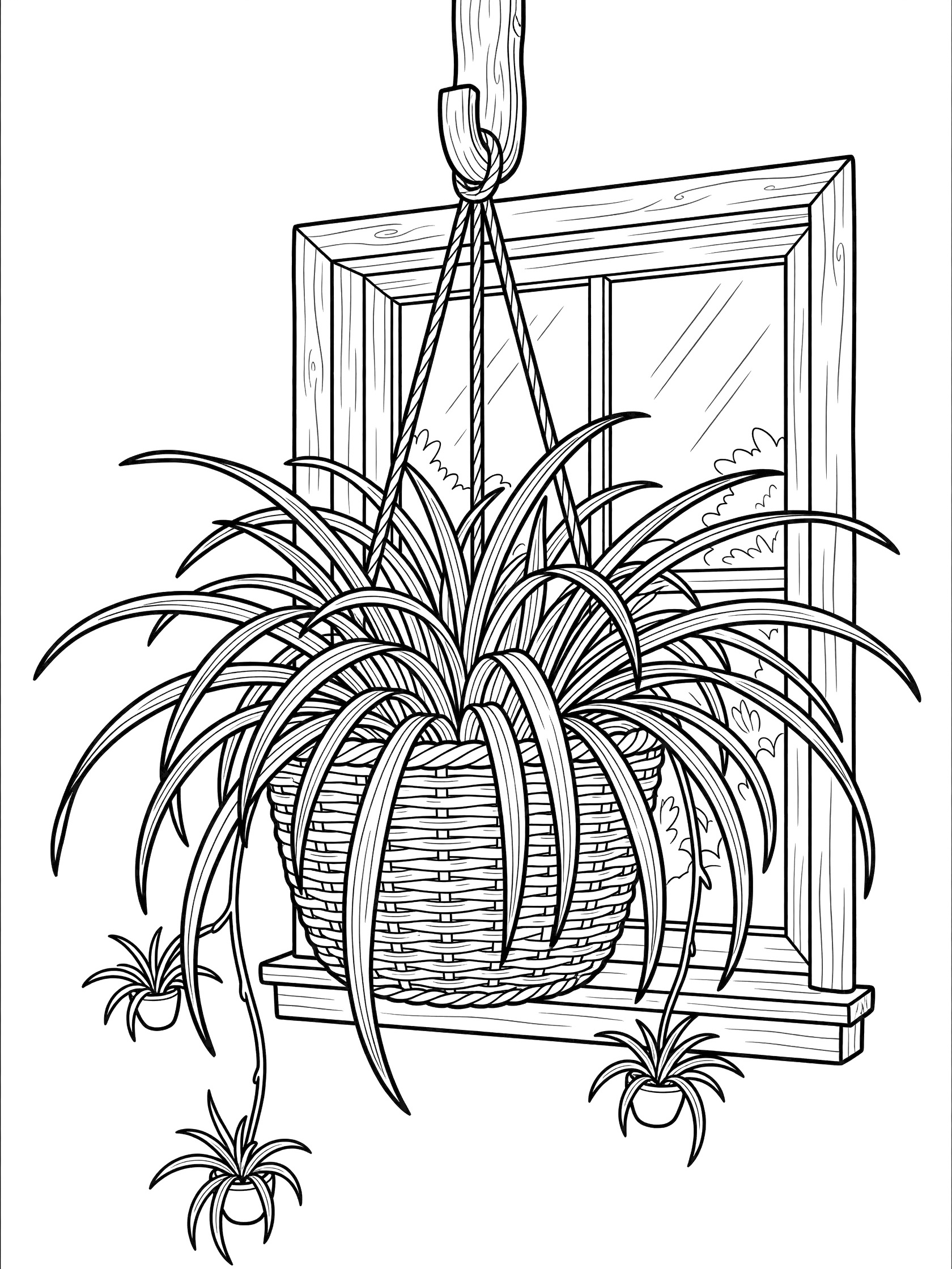 Black and white line art of a spider plant overflowing from a hanging woven basket near a window, with cascading leaves and small spider plantlets.