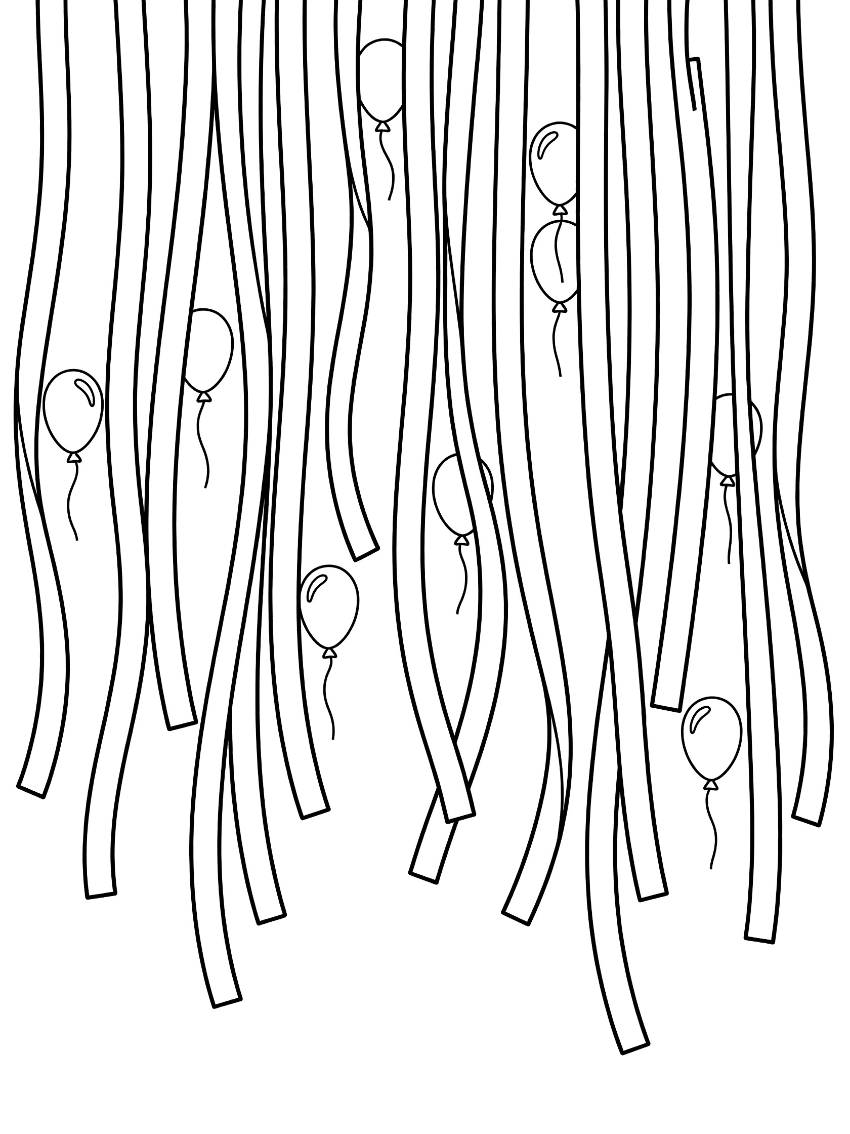 Black and white line art coloring page showing long hanging streamers with gentle folds and round balloons floating nearby