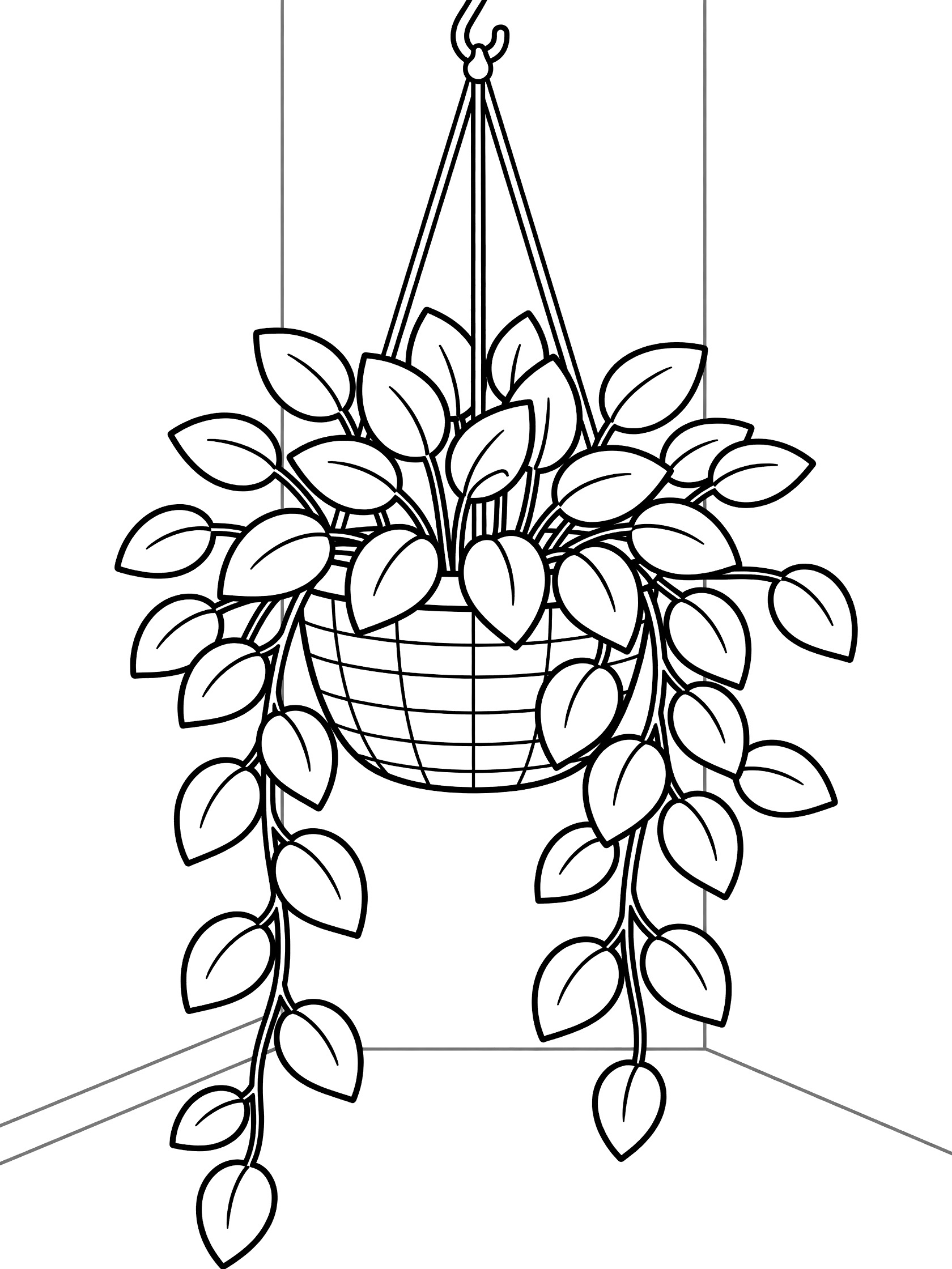 Black and white coloring page of a trailing plant with lush leaves hanging from a basket on a hook with long vines dangling down. Prayer Plant themed black and white printable line art