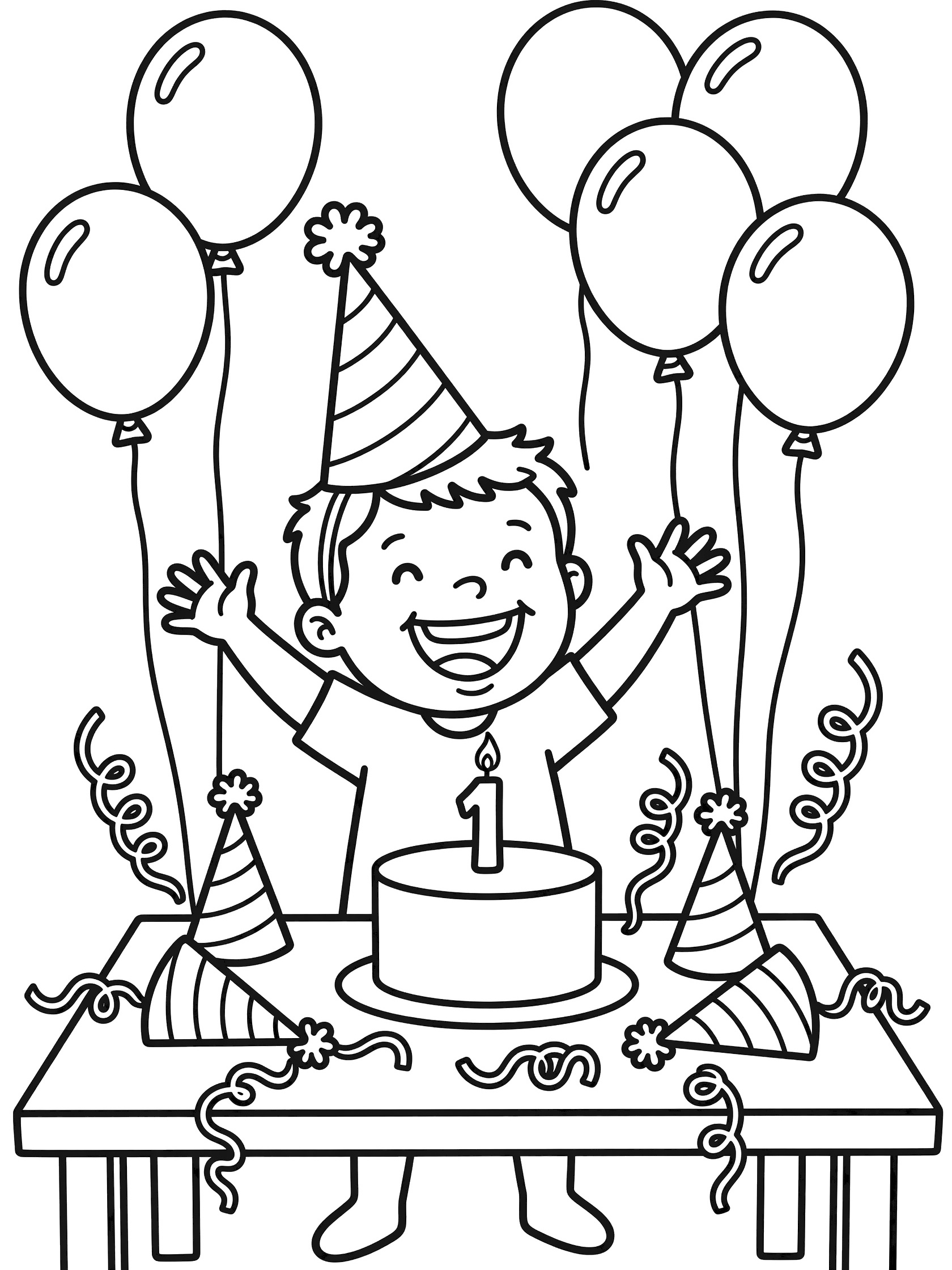 Whimsical doodle style coloring page of preschooler toddler celebrating 1st birthday, wearing tall striped party hat with pom-pom, arms raised by floating balloons and cake on table.