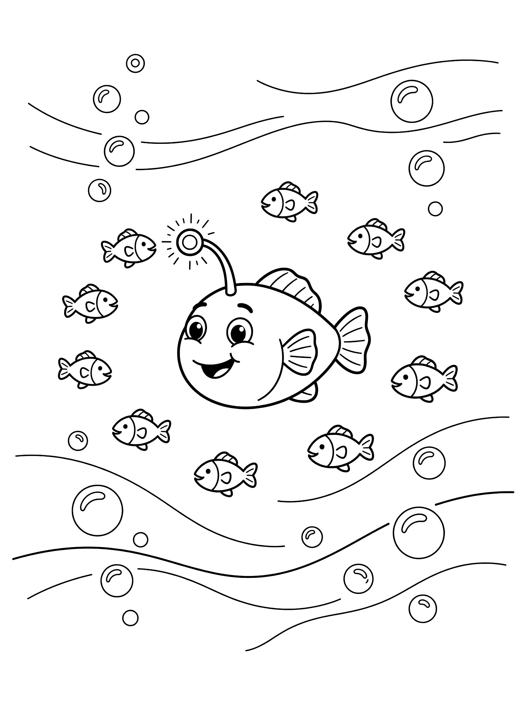 Cute anglerfish smiling with big eyes and glowing lure, surrounded by a school of small fish circling happily, bubbles and wavy sea currents in clean line art.