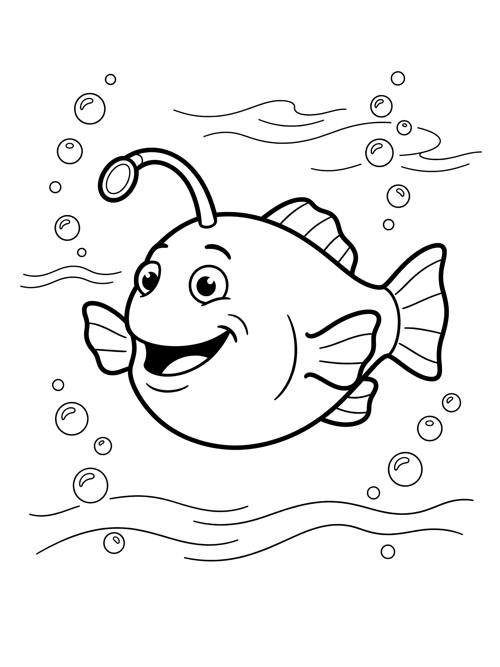 Black and white line art coloring page showing a smiling anglerfish swimming with dangling lure, surrounded by bubbles and wavy ocean lines.