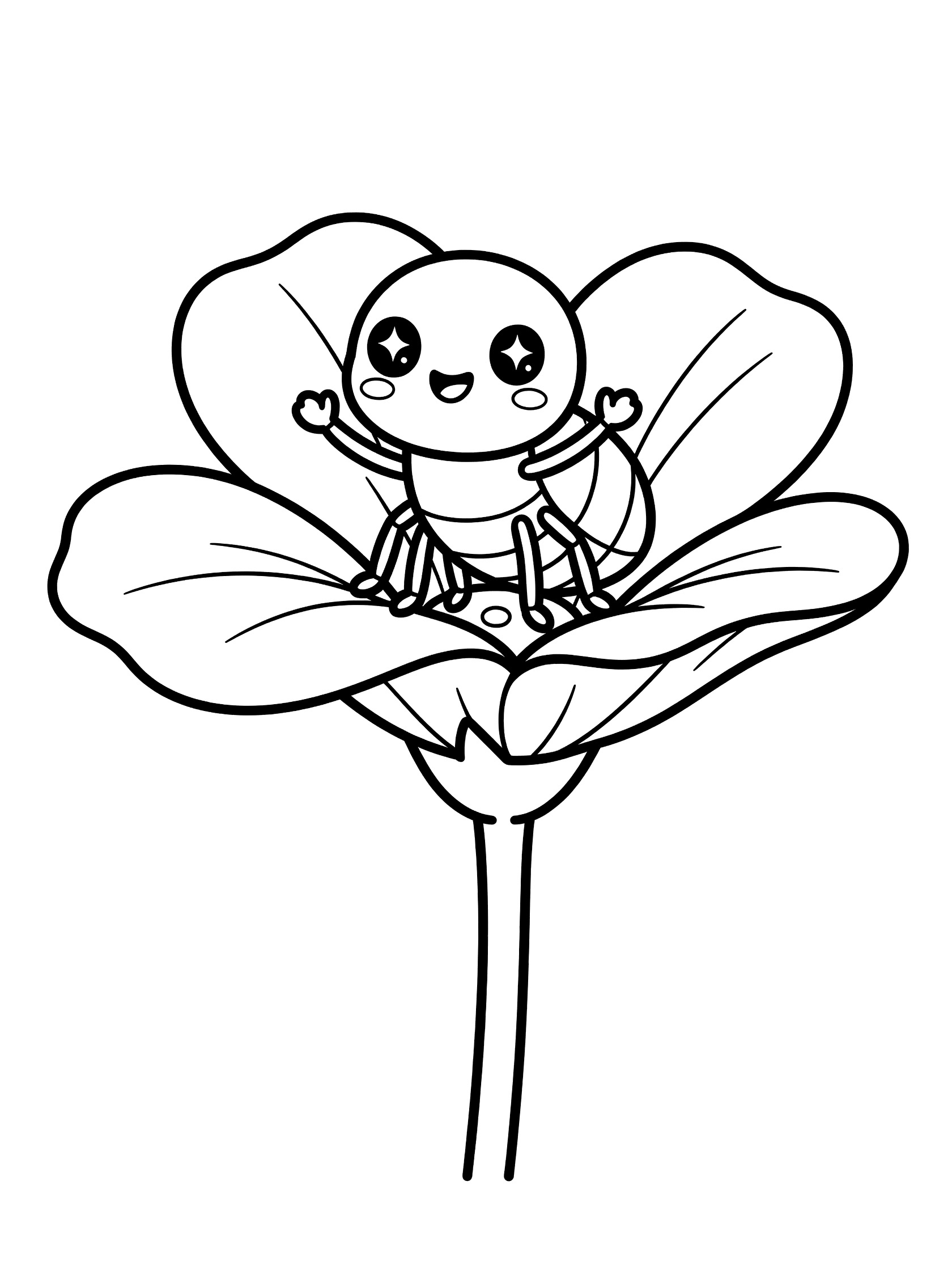 Cute kawaii ant with sparkly eyes and raised arms perched happily on a large flower petal, detailed petals and stem, black and white line art coloring page. Flea themed black and white printable line art