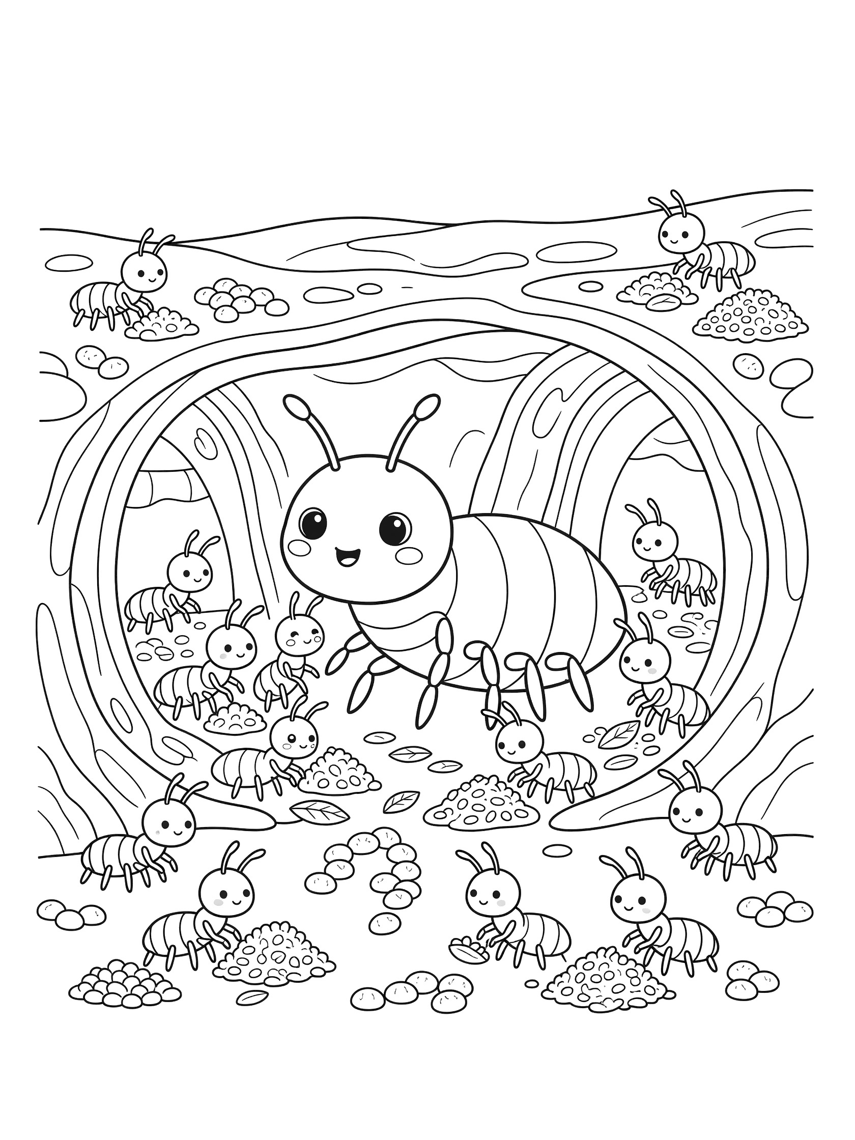 Kawaii style coloring page showing a large central ant surrounded by smaller ants, gold coins, and eggs in a nest chamber with curved walls. Termite themed black and white printable line art