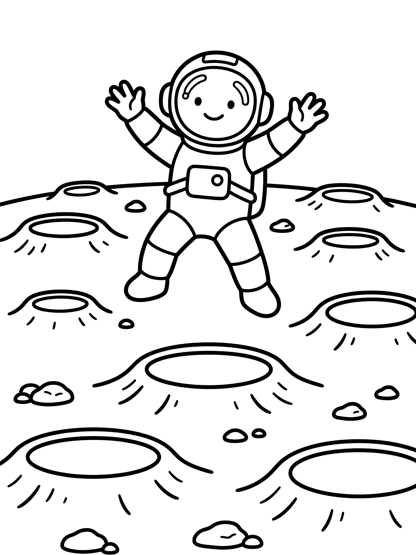 Cute cartoon astronaut in spacesuit jumping playfully on pebbly moon surface with craters, black line art coloring page. Astronaut on the Mars themed black and white printable line art