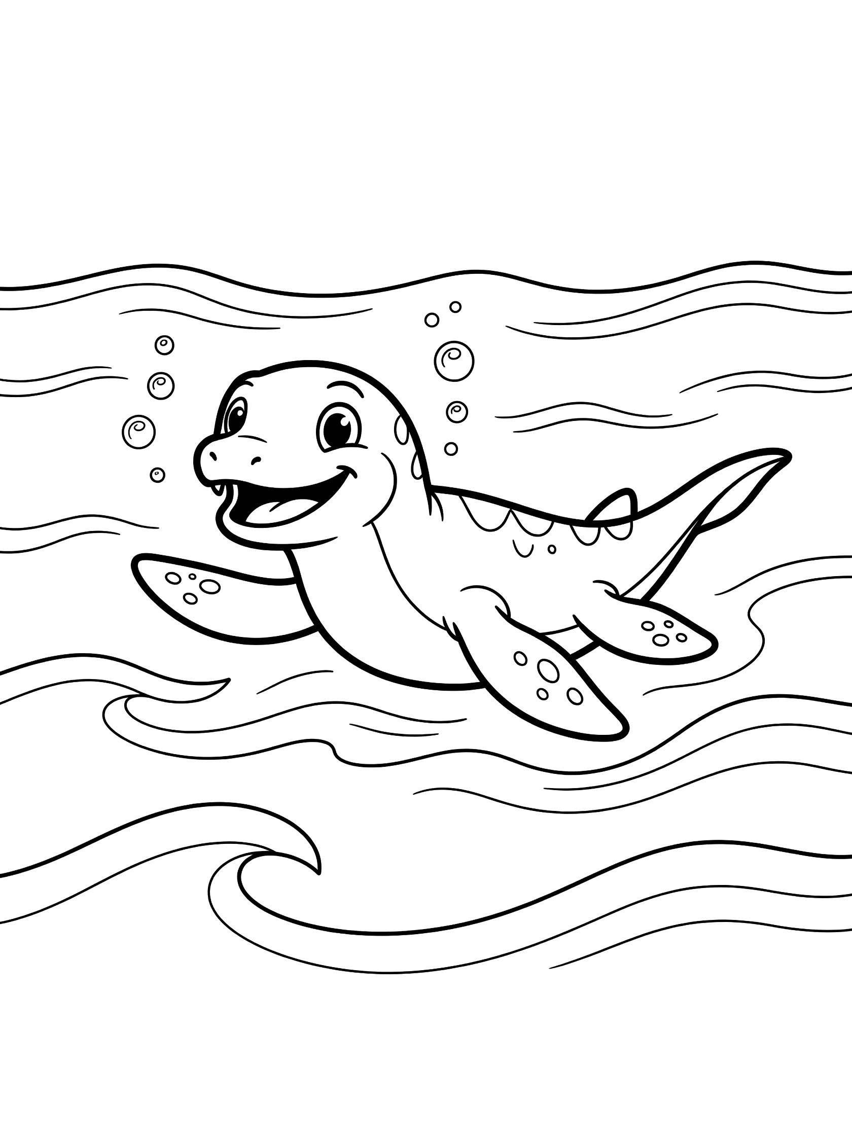 Cute baby plesiosaur with big smile swimming through ocean waves and bubbles, black and white line art coloring page. Mosasaurus themed black and white printable line art