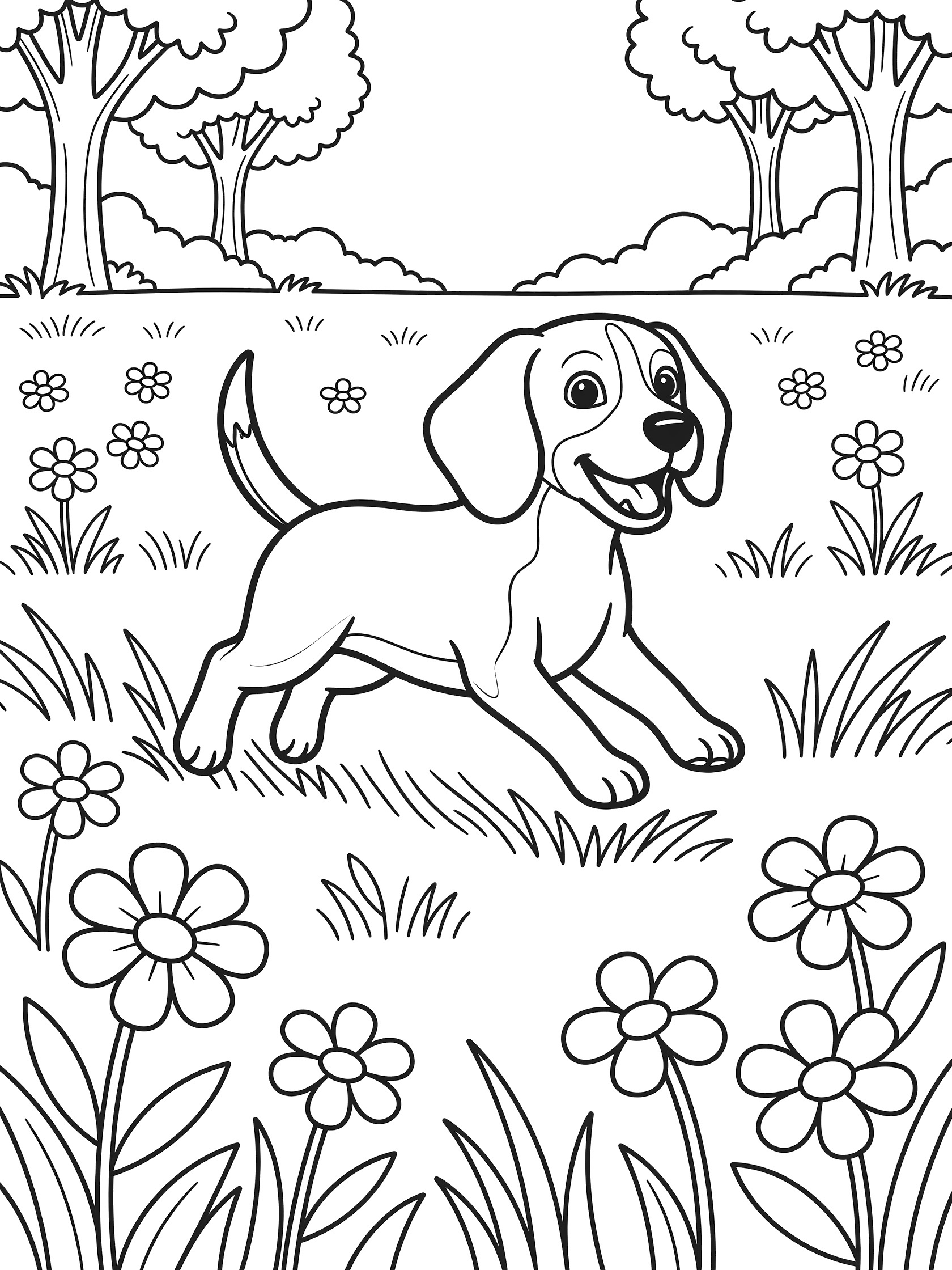 Black and white line art coloring page showing a beagle puppy running excitedly through grass with flowers and trees in the background