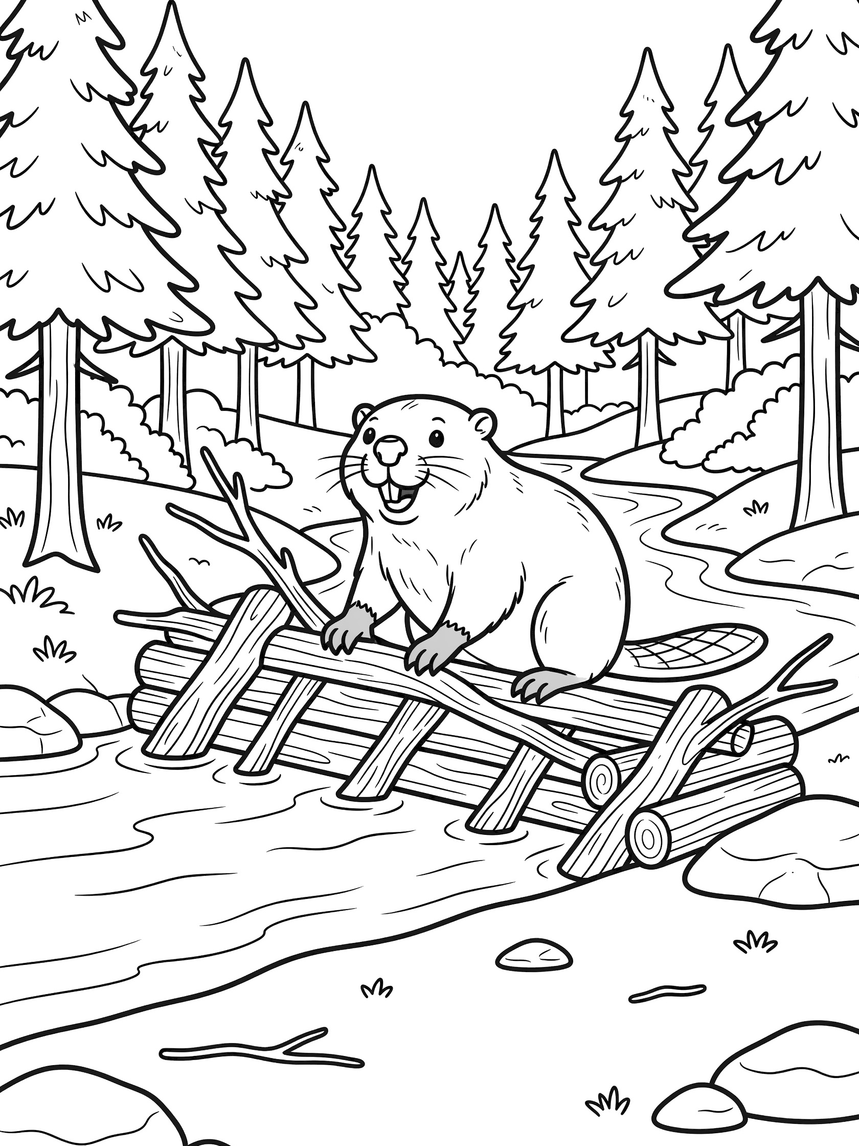 Black and white line art coloring page showing a cheerful beaver sitting on stacked logs and branches building a dam over a flowing river surrounded by tall pine trees and rocks.