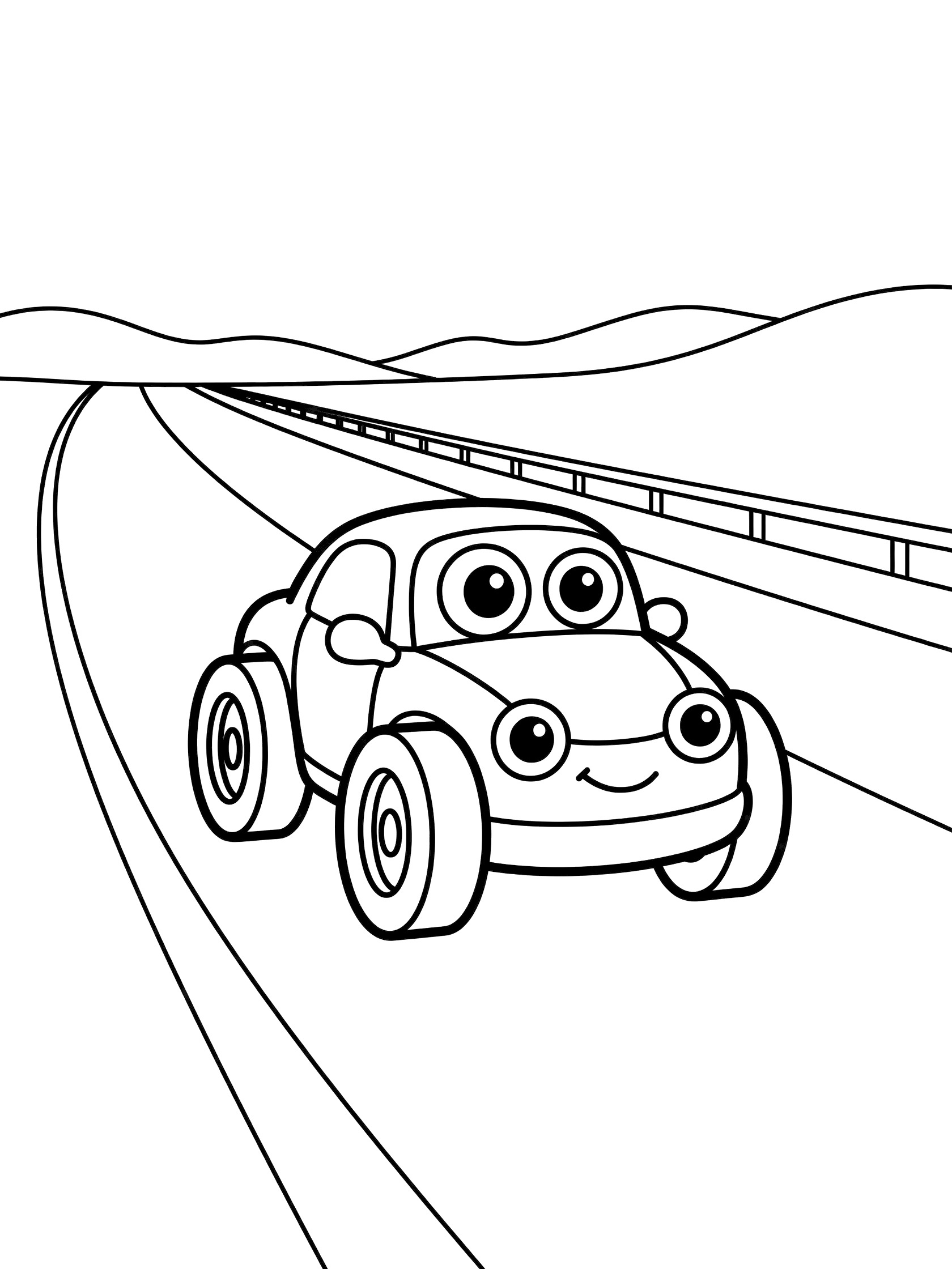 Black and white line art of a cute happy beetle car with big eyes and smile driving on a curvy road lined with gentle hills and barriers. Race Cars themed black and white printable line art