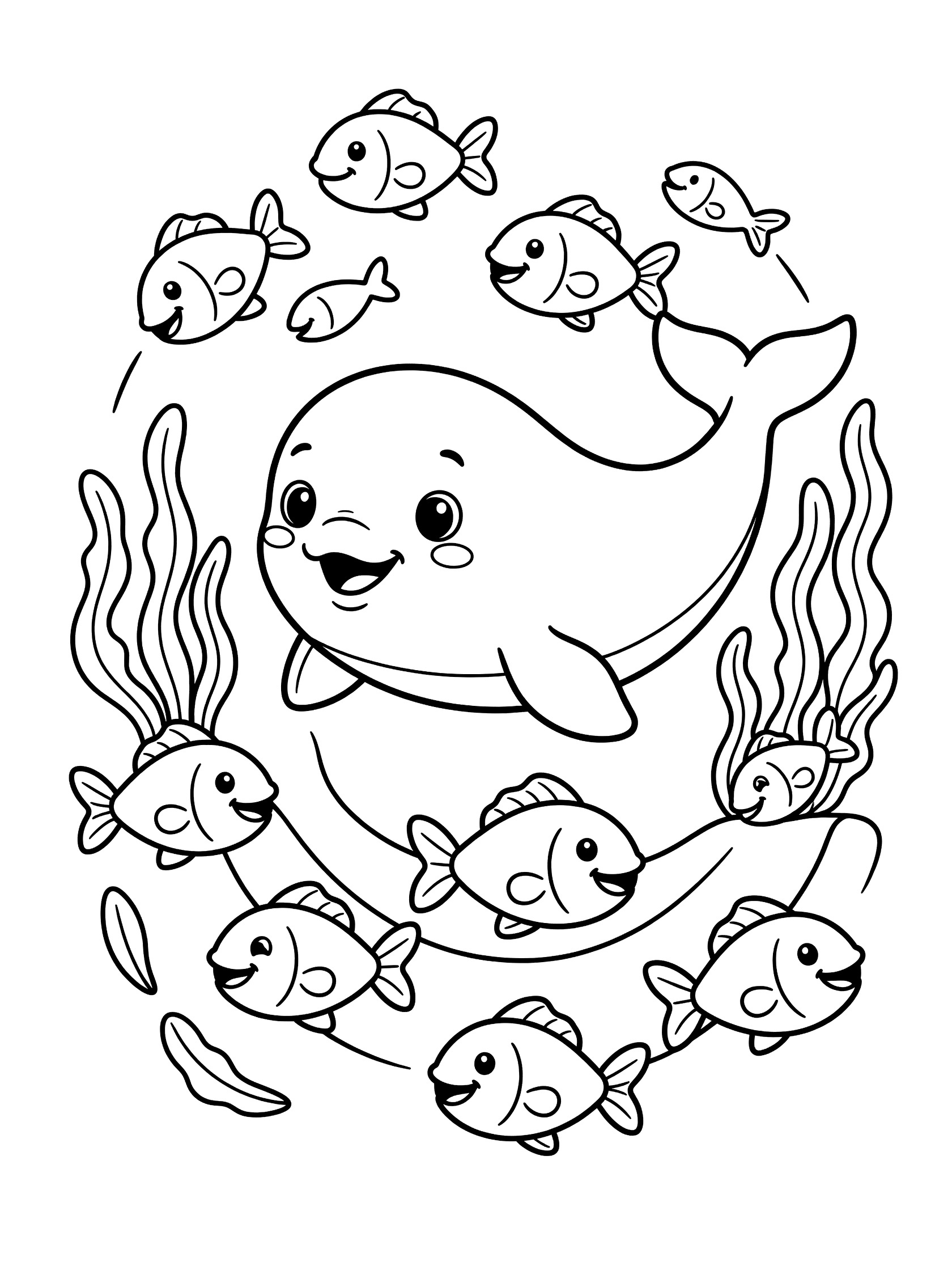 Printable coloring page showing a cute beluga whale smiling with big eyes, surrounded by a circle of happy fish and seaweed in clean line art.