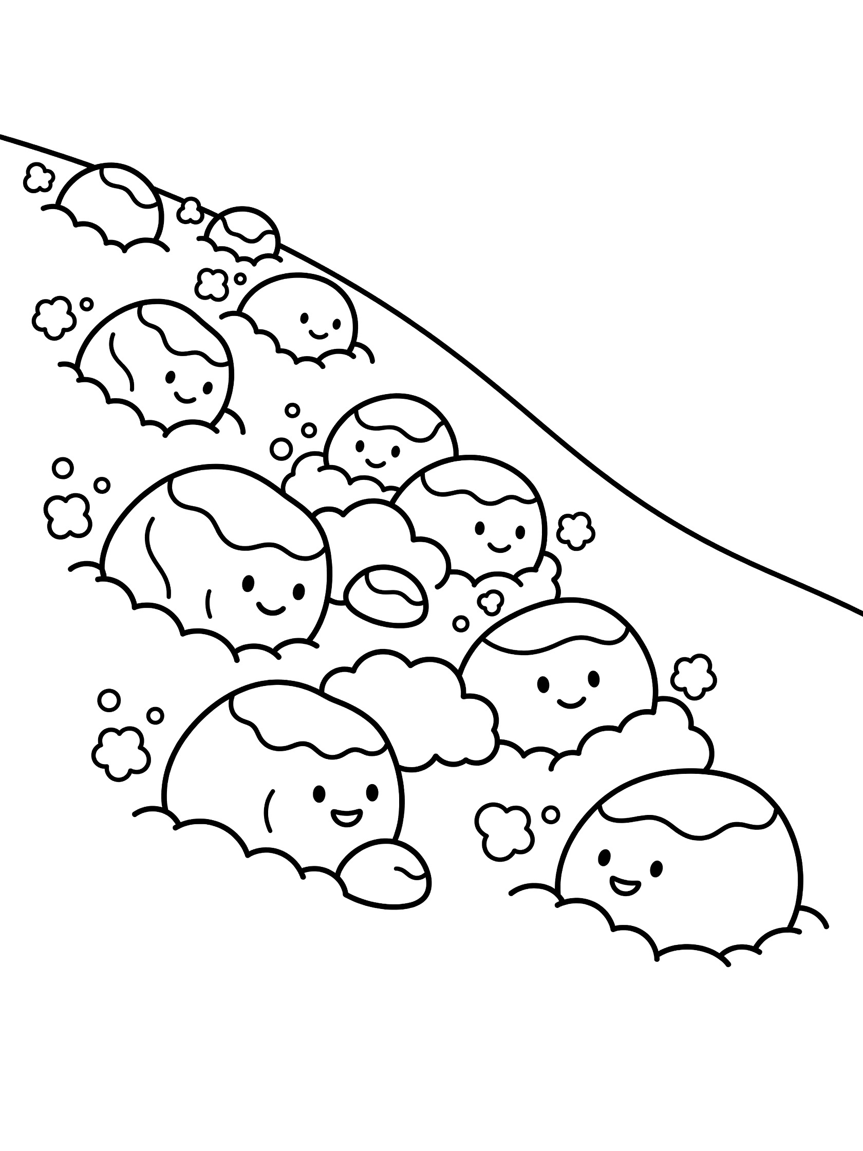 Black and white line art coloring page showing round happy-faced bubbles rolling downhill on a snowy slope with fluffy snow puffs trailing behind. Avalanche themed black and white printable line art