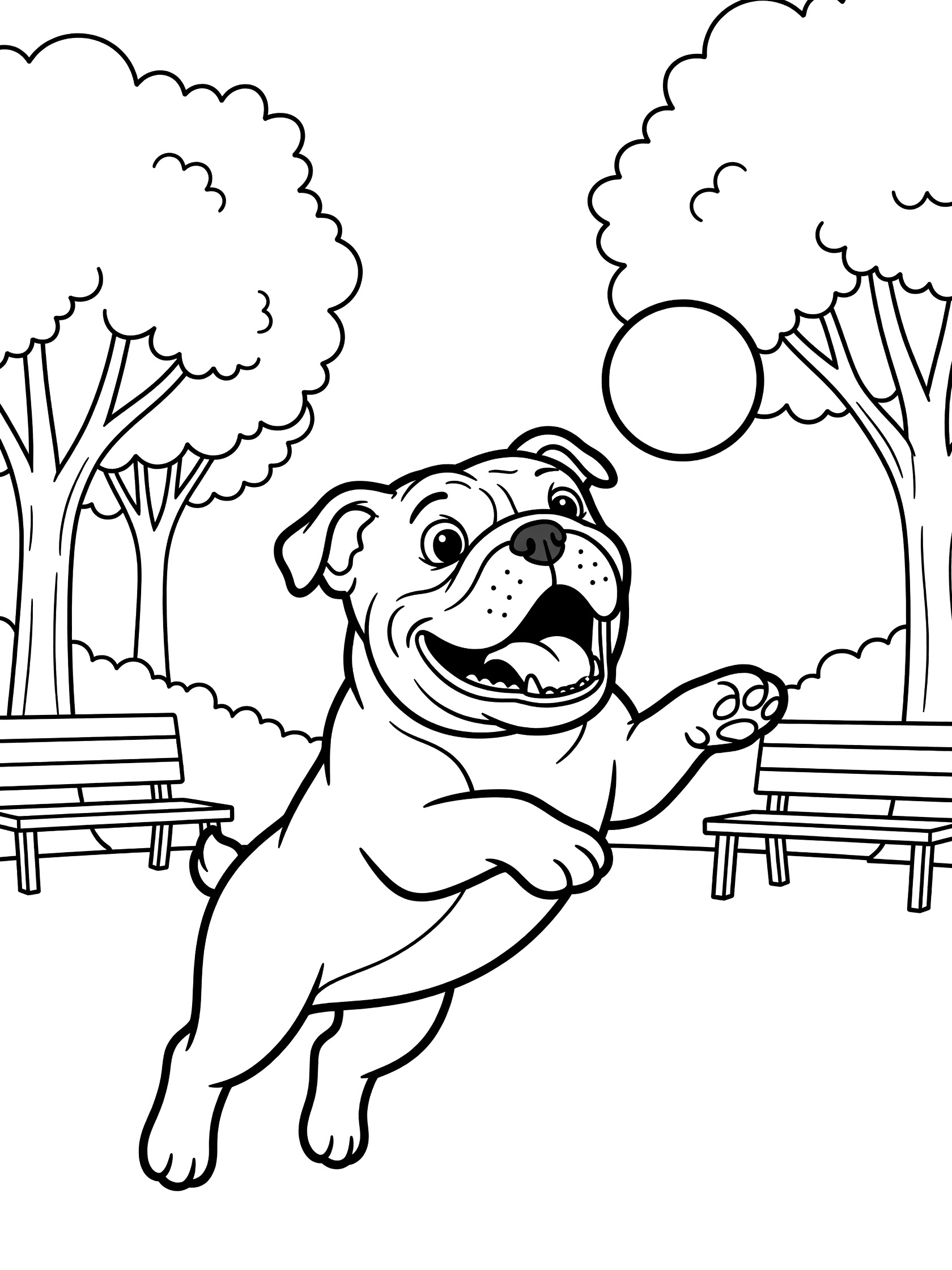 Black and white line art coloring page showing a happy bulldog leaping to catch a round ball, surrounded by park trees and benches