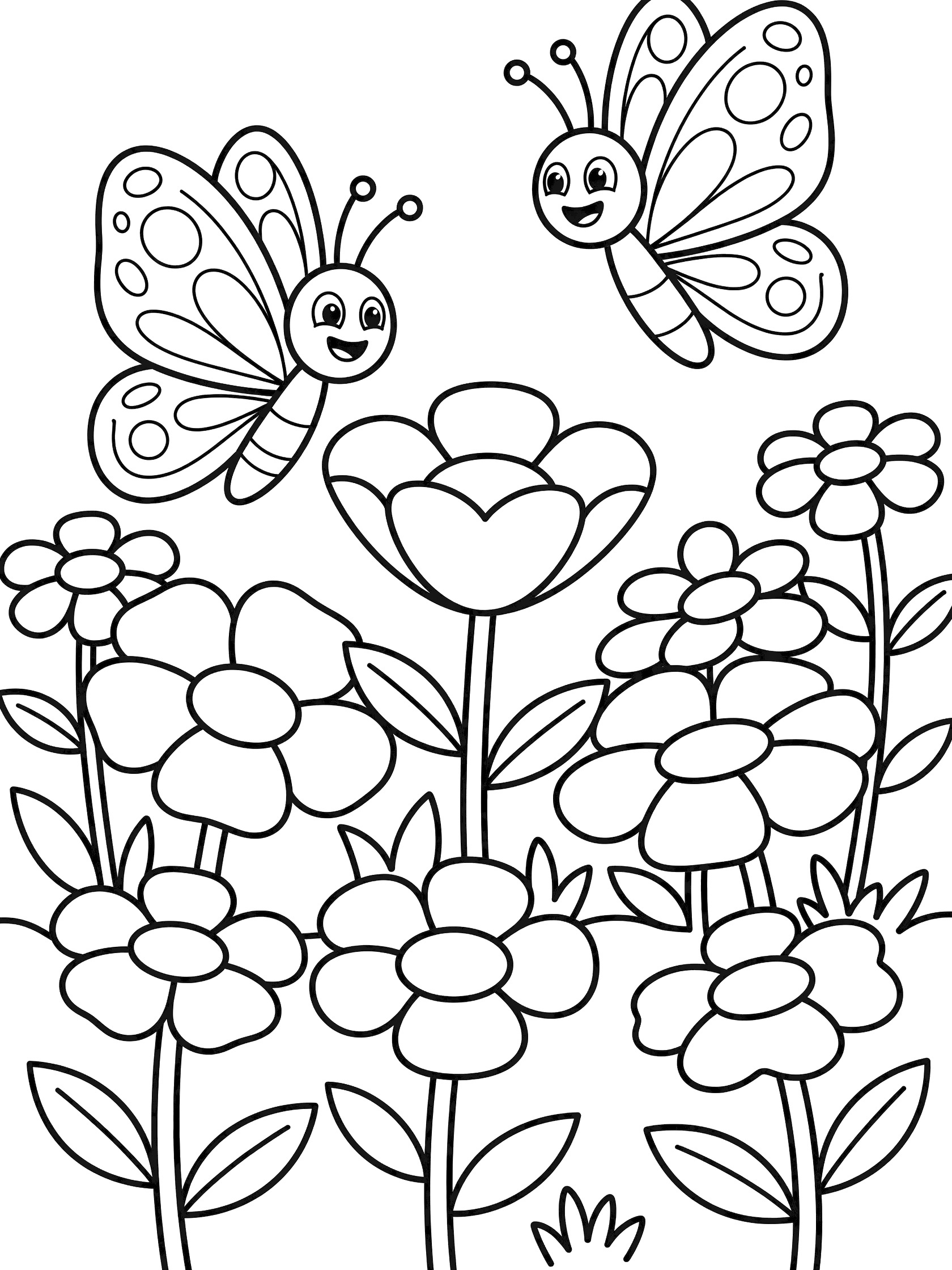 Black and white line art coloring page showing two cute butterflies with happy faces among large round flowers and simple leaves on a white background. Butterfly themed black and white printable line art