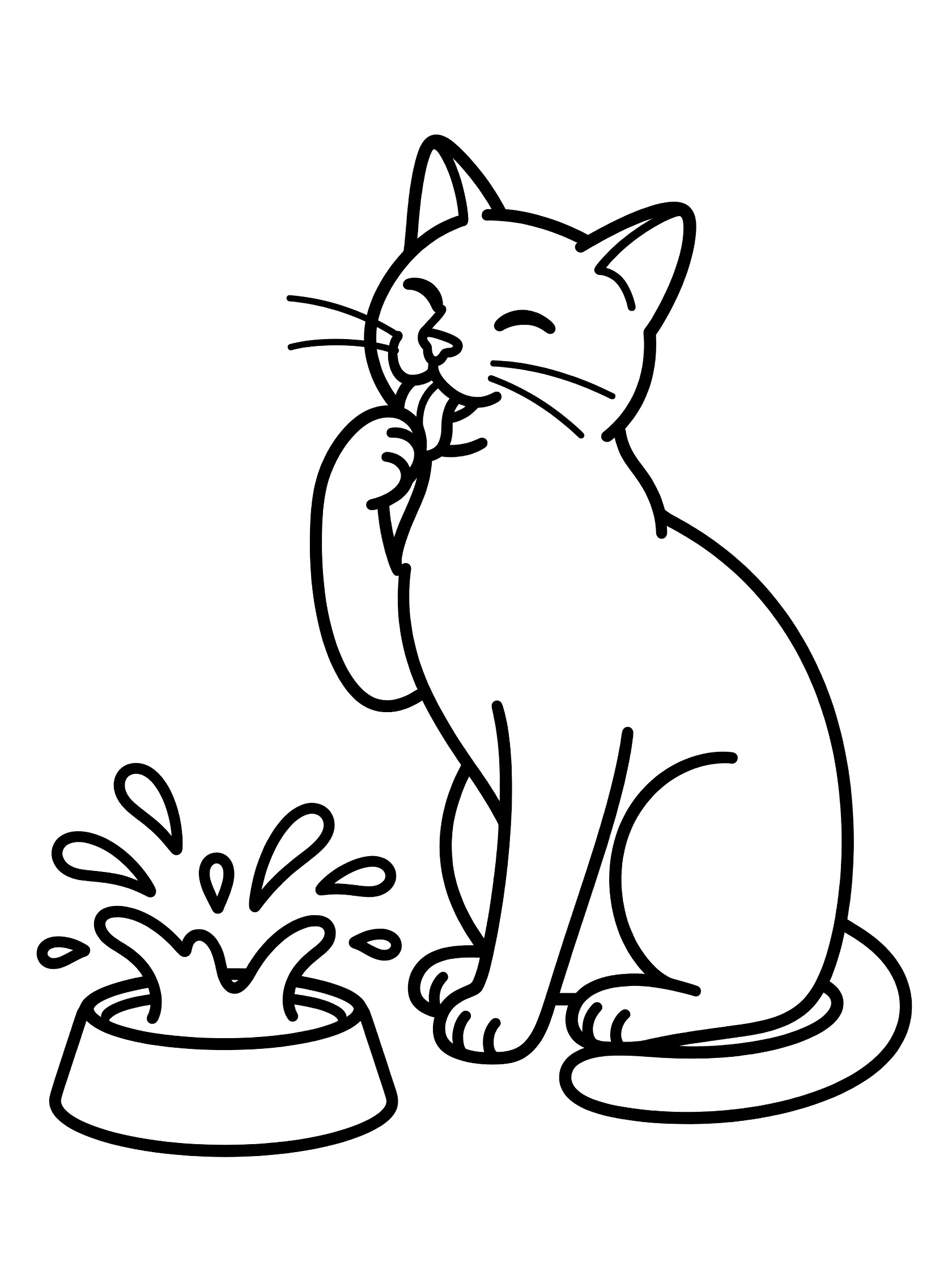Black and white line art coloring page showing a domestic cat grooming its face by licking paw, with water droplets splashing from a nearby bowl.