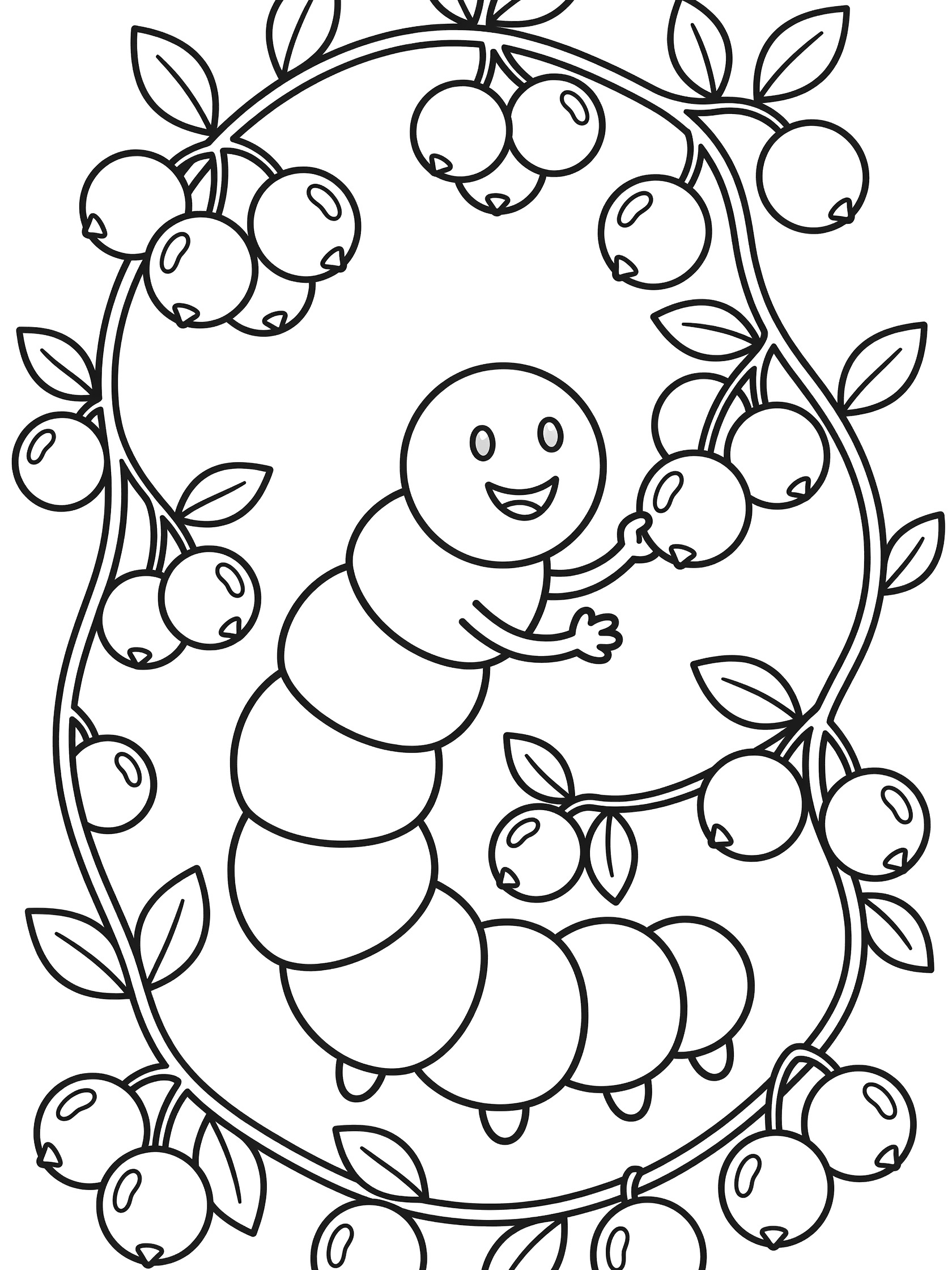 Black and white line art coloring page showing a happy smiling caterpillar with arms reaching toward clusters of round blueberries on leafy vines.