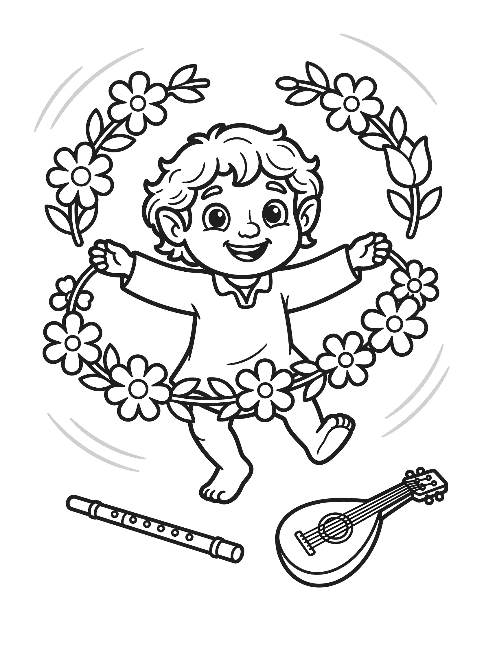 Black and white coloring page showing a smiling child with curly hair dancing in a circle of flowers, arms outstretched holding flower chains, with a flute and lute at the bottom. Hobbits themed black and white printable line art
