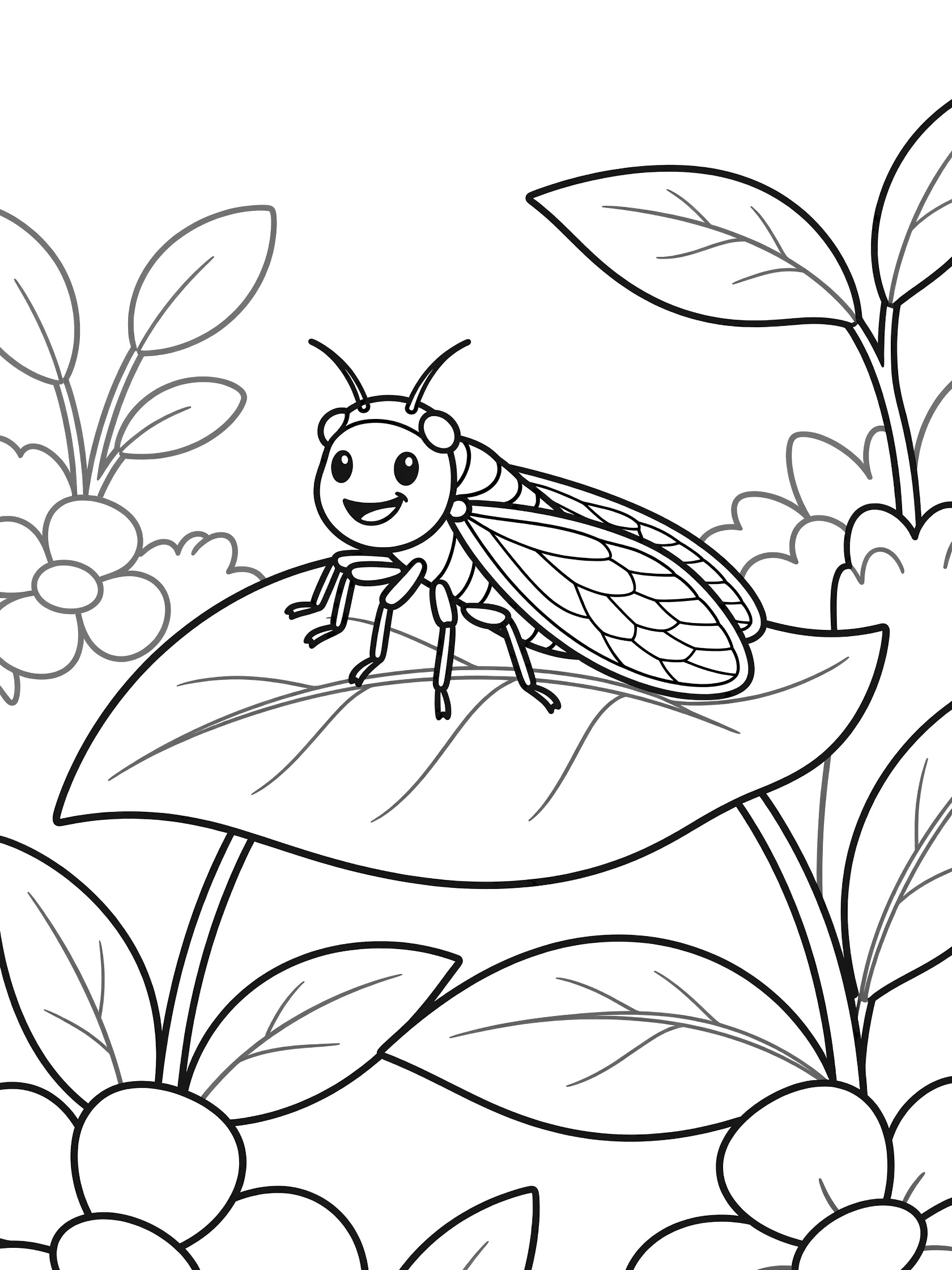 Black and white line art coloring page showing a smiling cicada with big eyes and wings on a large leaf, surrounded by leaves and flowers.
