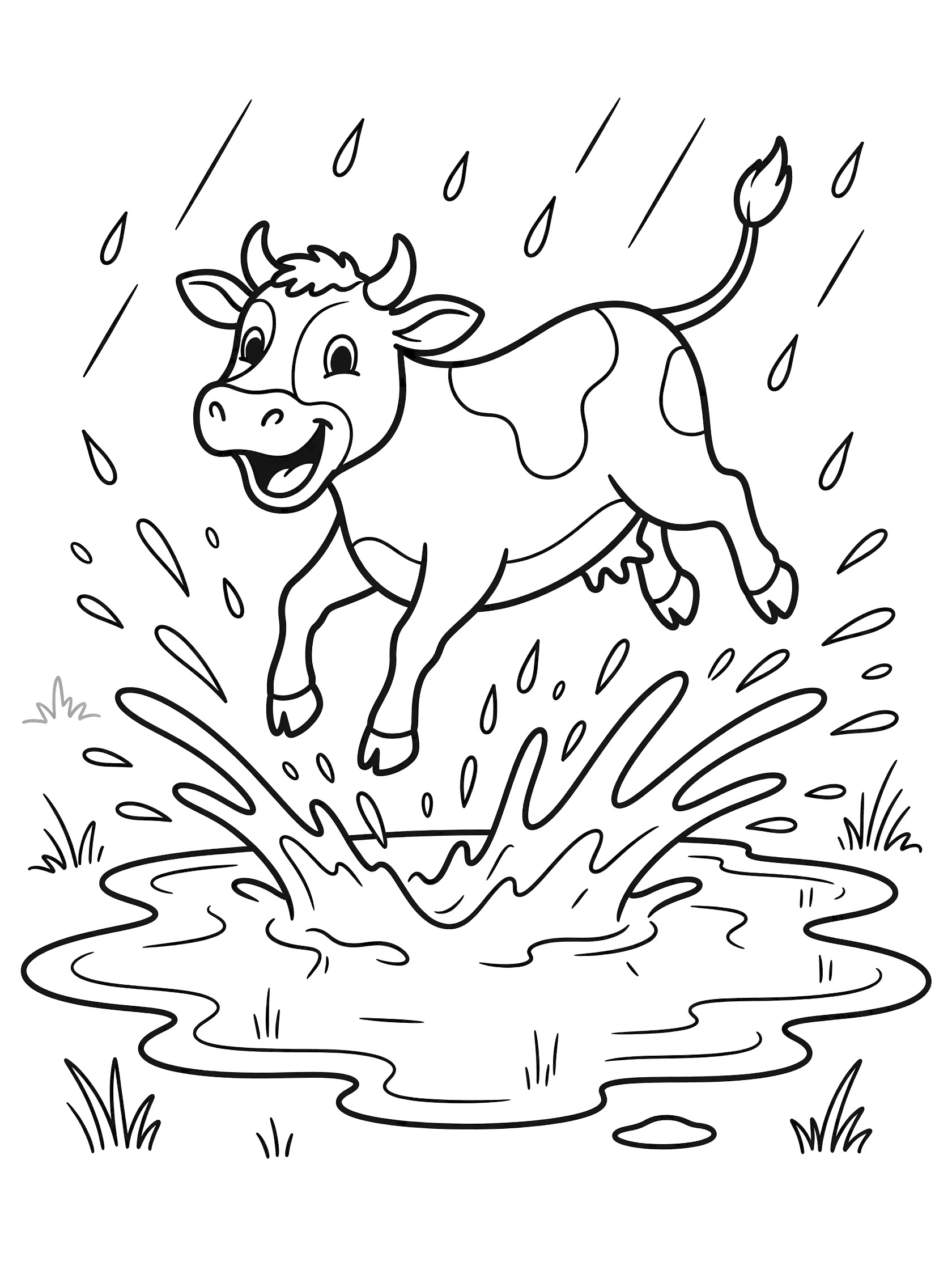 Black and white line art coloring page showing a happy cow with spots and big smile jumping into a large mud puddle, surrounded by splash lines, raindrops falling, and simple grass blades. Cows themed black and white printable line art