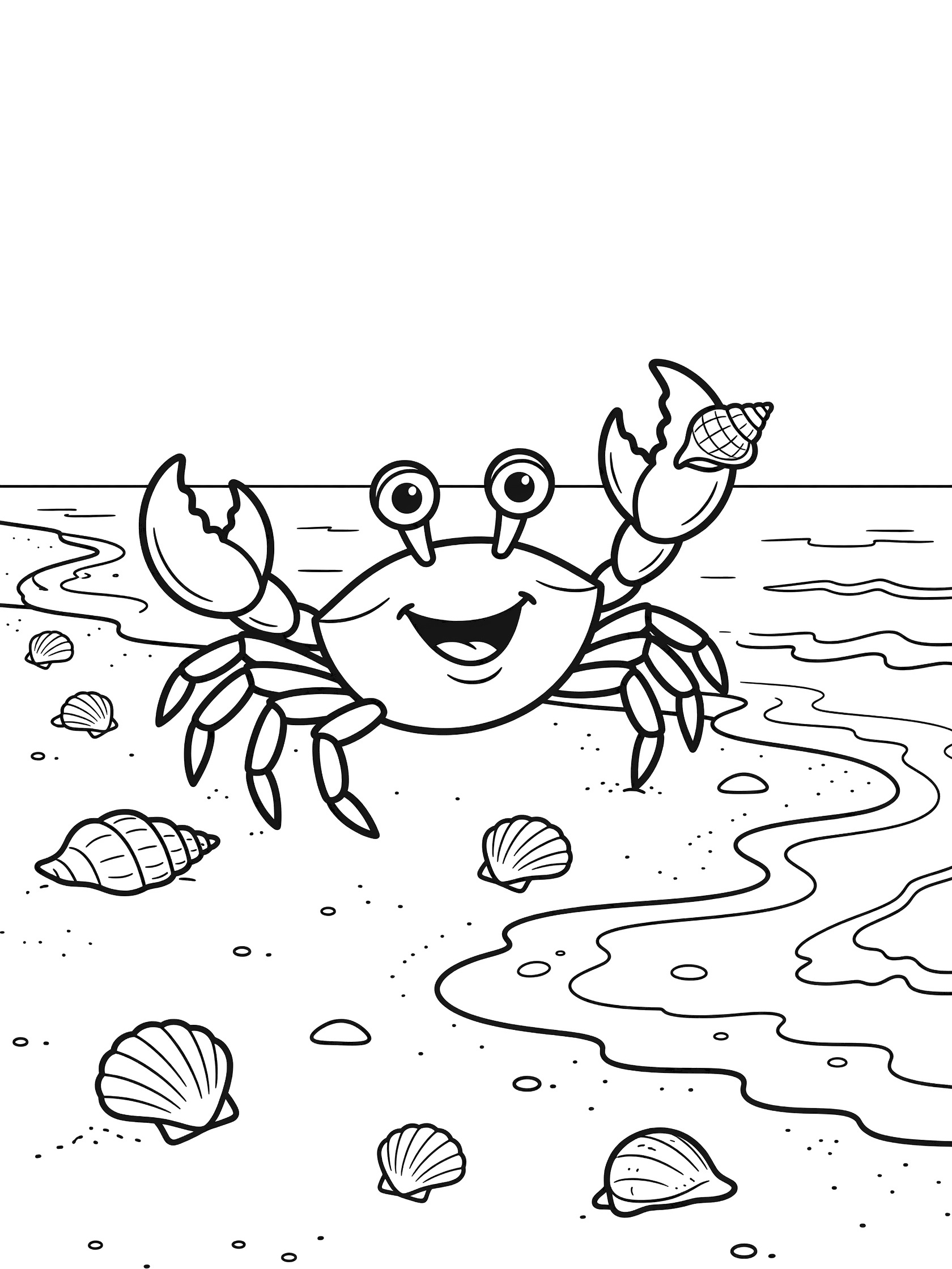 Black and white line art coloring page showing a friendly crab walking sideways on sandy beach, holding a seashell in one claw, with scattered shells and lapping waves.
