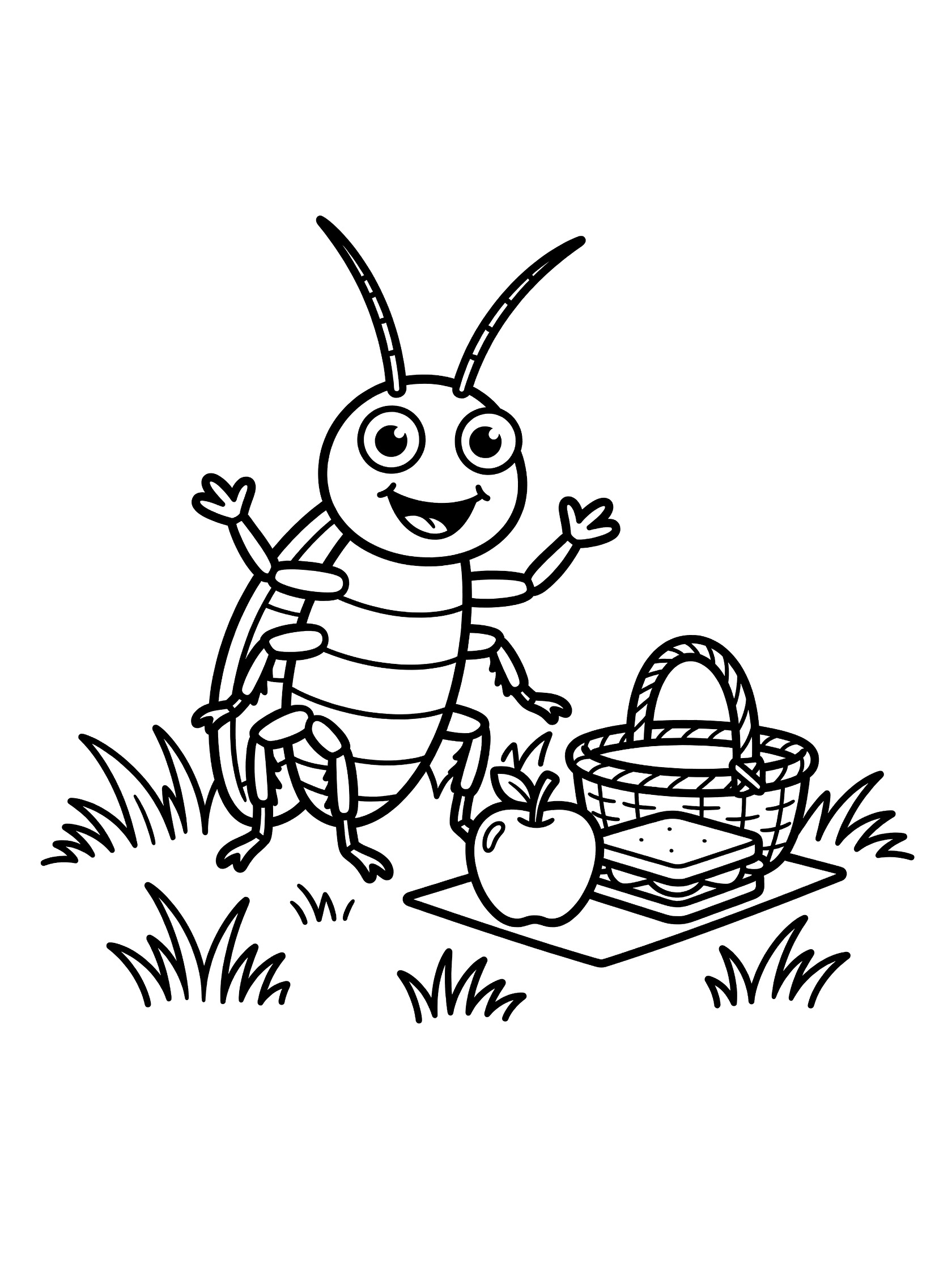 Black and white line art coloring page showing a happy cricket with raised arms next to a picnic basket, red apple, sandwich, and grass blades. Cockroach themed black and white printable line art