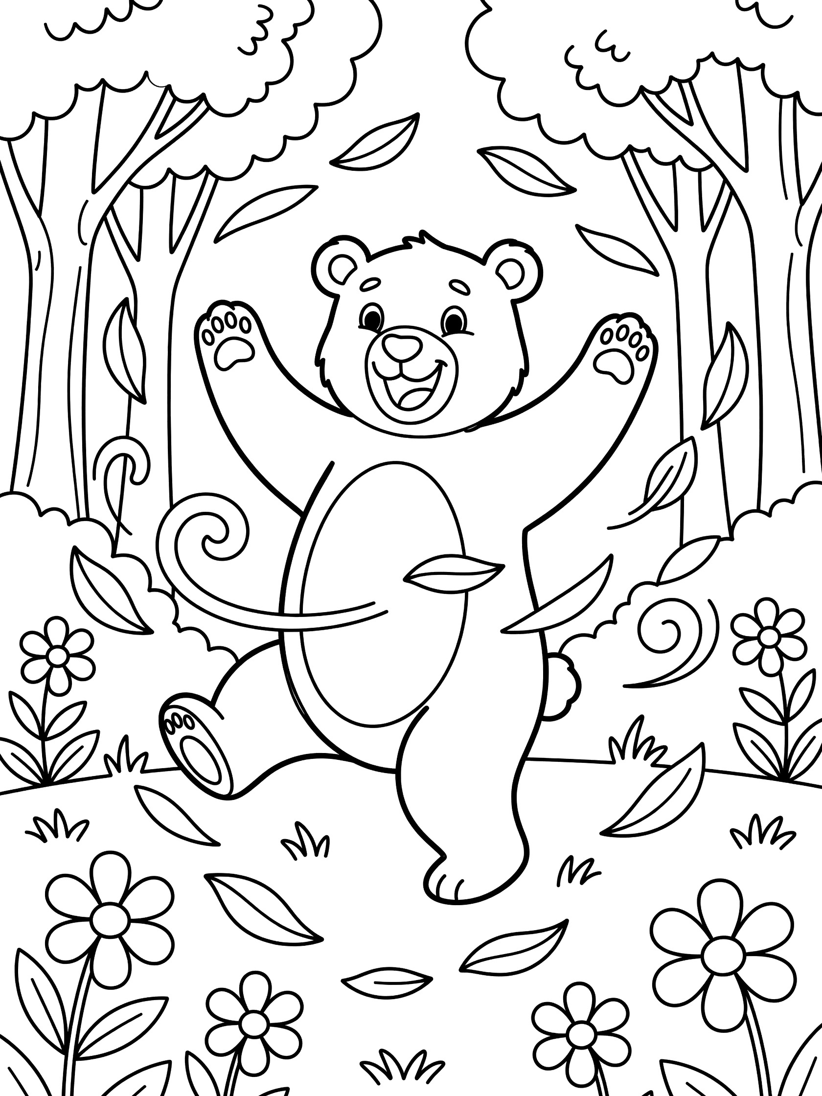 Black and white line art coloring page showing a smiling bear standing on hind legs with arms raised, dancing in a forest glade surrounded by trees, swirling leaves and simple flowers.