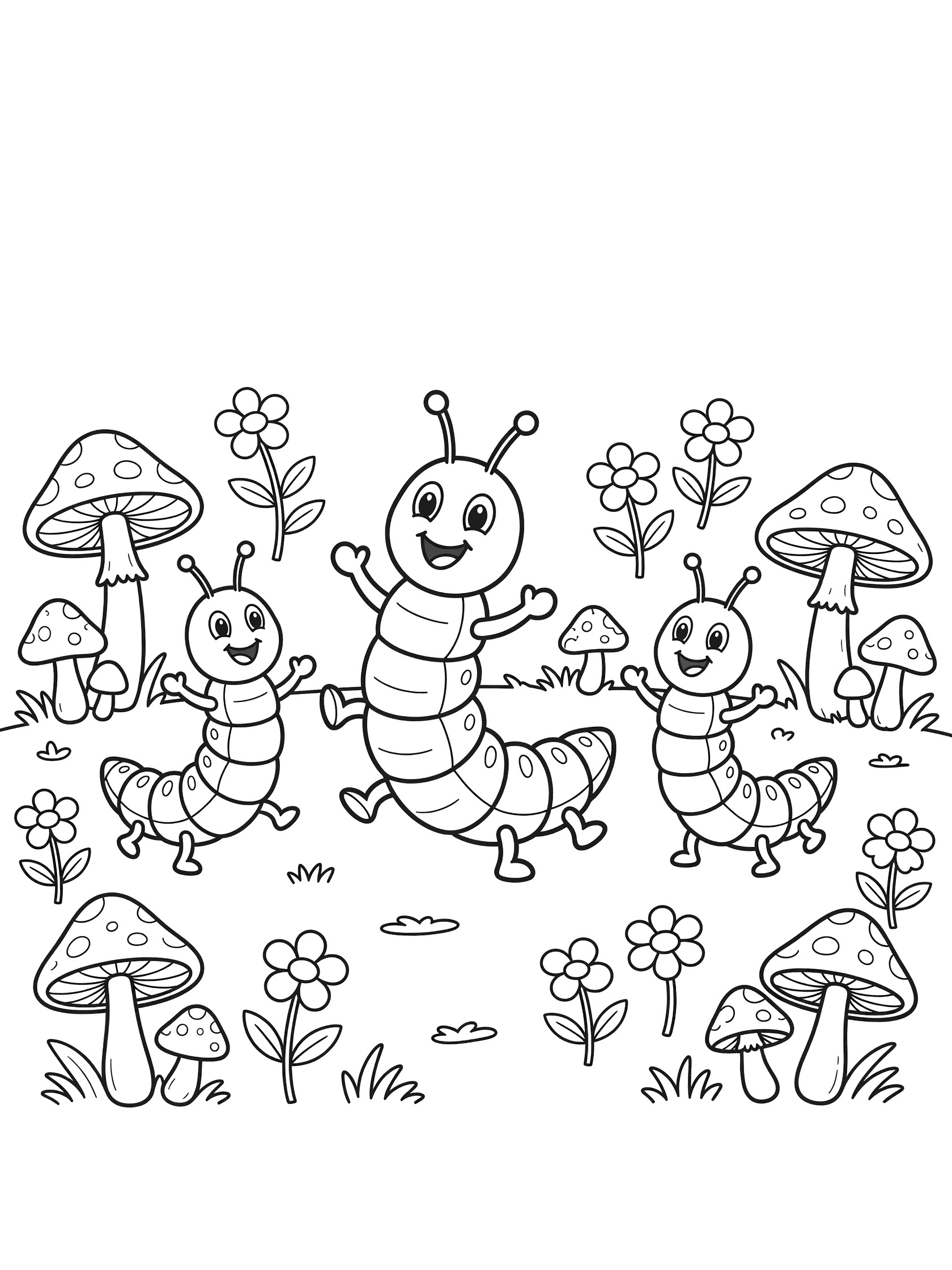 Black and white line art of a large smiling caterpillar dancing with two small caterpillar friends, surrounded by mushrooms and flowers on a forest floor.