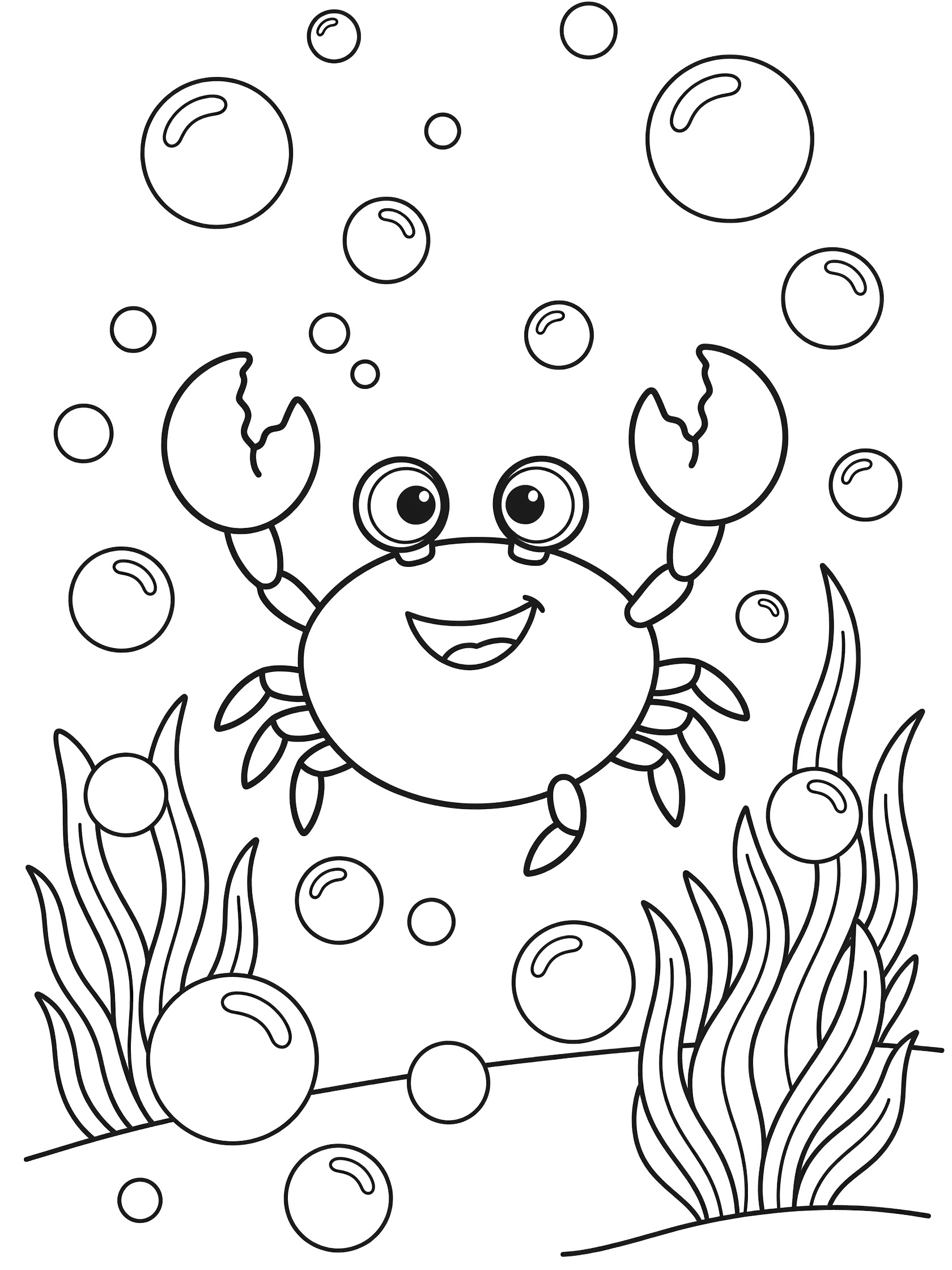 Black and white line art coloring page showing a cute crab with big eyes and smiling mouth, claws raised high, floating bubbles around, and wavy seagrass below.