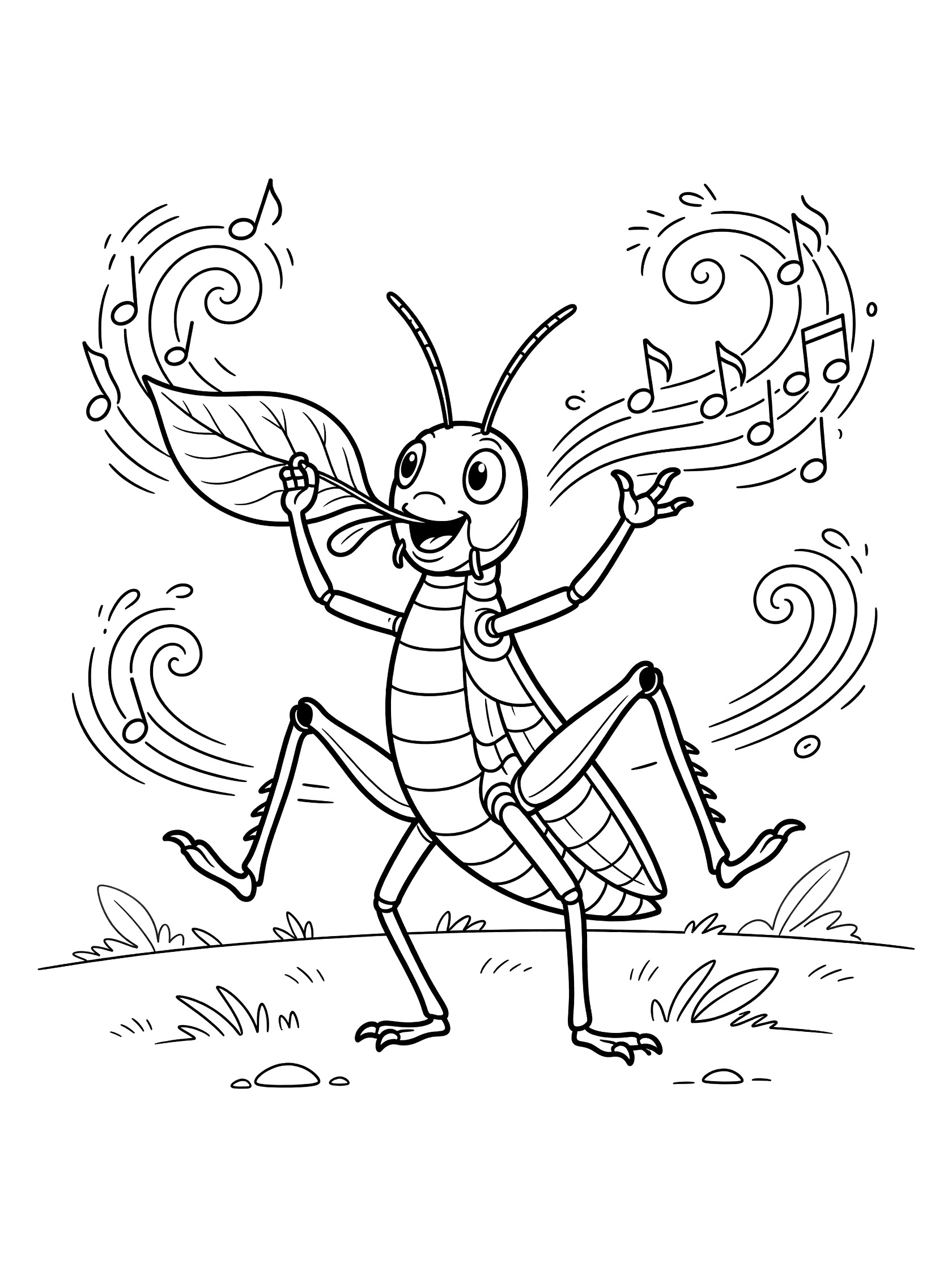 Black and white line art of a happy grasshopper dancing with legs raised, holding a leaf like a musical instrument, surrounded by swirly motion lines and musical notes.
