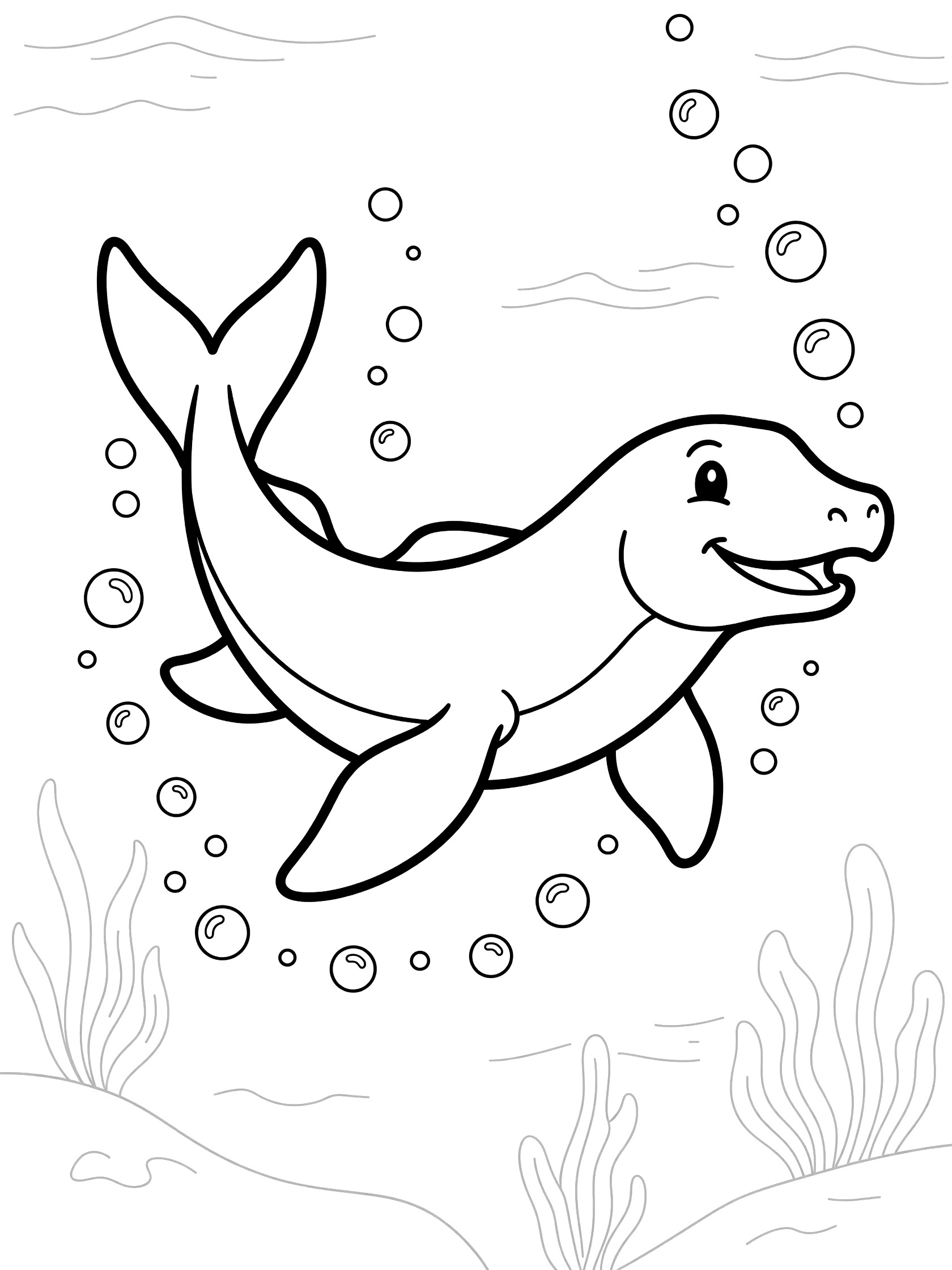 Black and white line art coloring page showing a cheerful dolphin swimming playfully through water with bubbles trailing behind and ocean plants at the bottom. Ichthyosaurus themed black and white printable line art