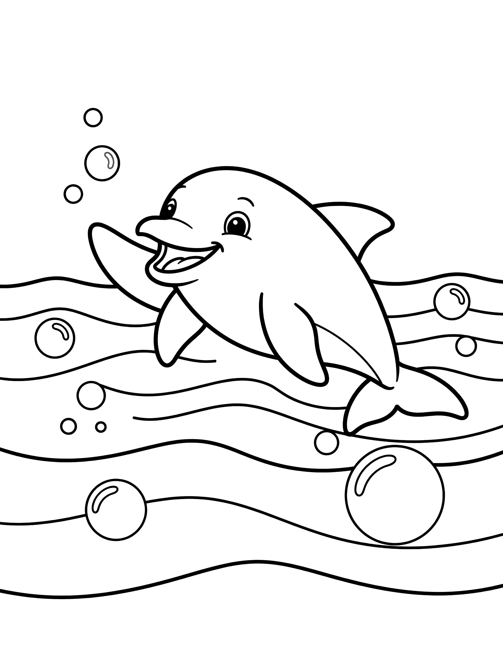 Black and white line art coloring page showing a smiling dolphin jumping with flipper raised, surrounded by bubbles and wavy water lines.