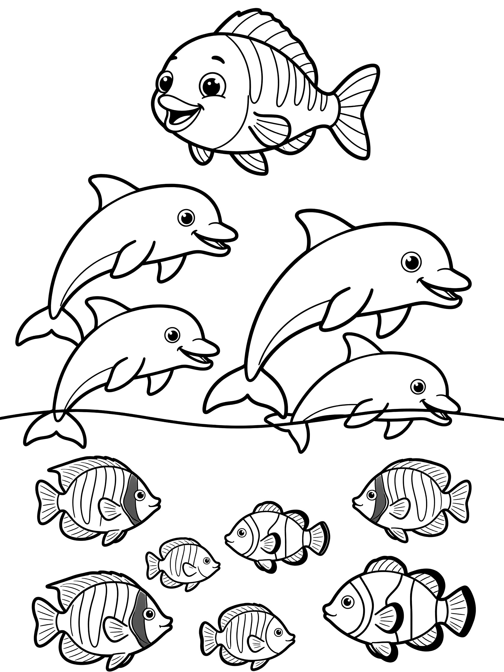 Black and white coloring page of playful dolphins jumping with smiling faces and tropical fish swimming below, all with happy expressions.