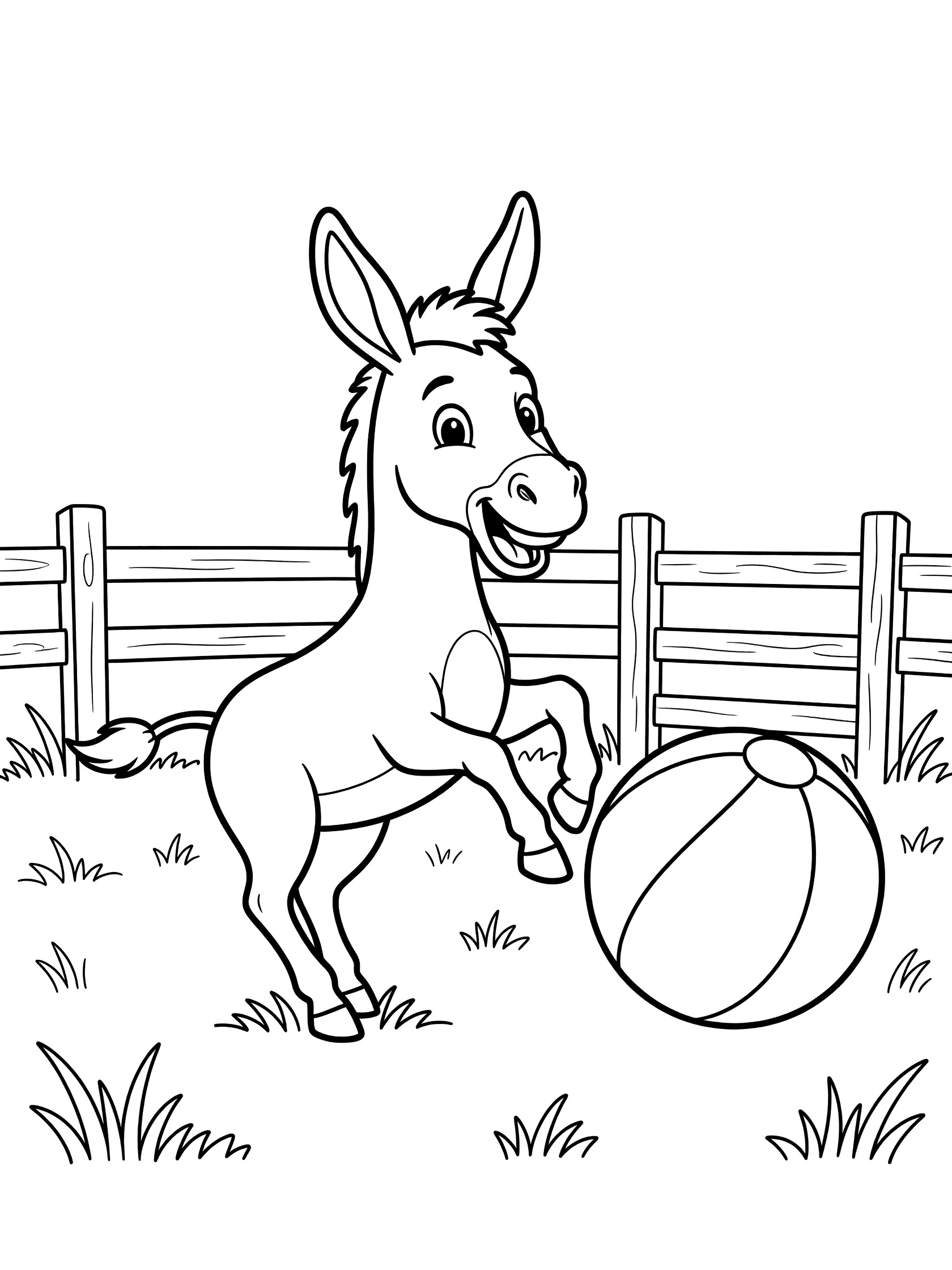 Cute cartoon donkey with big smile kicking a large round ball near wooden fence and grass in simple line art coloring page. Mules themed black and white printable line art