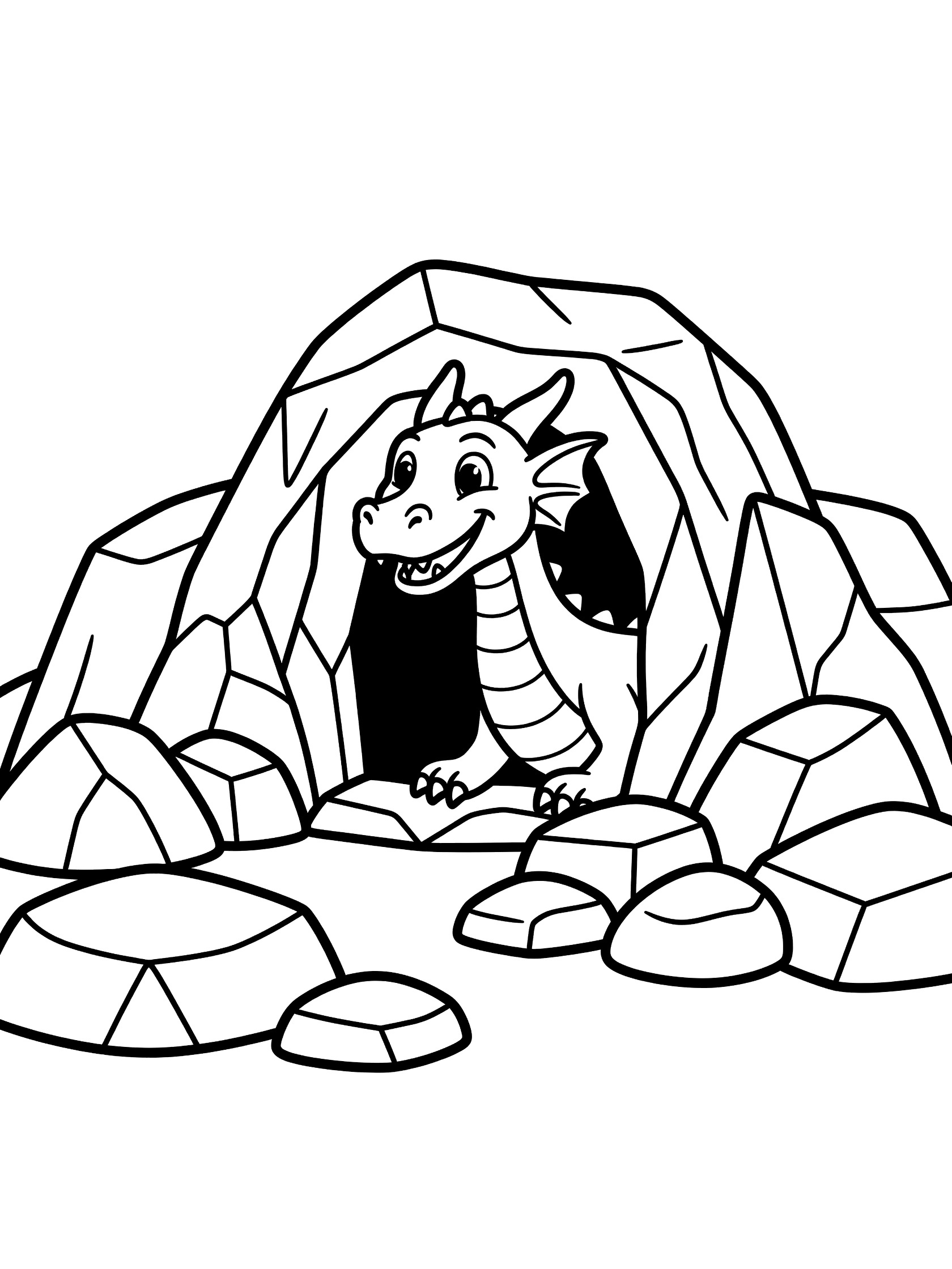 Black and white line art coloring page showing a smiling dragon with horns and spikes peeking its head and front legs from a jagged cave made of geometric rocks. Dragon Cave themed black and white printable line art