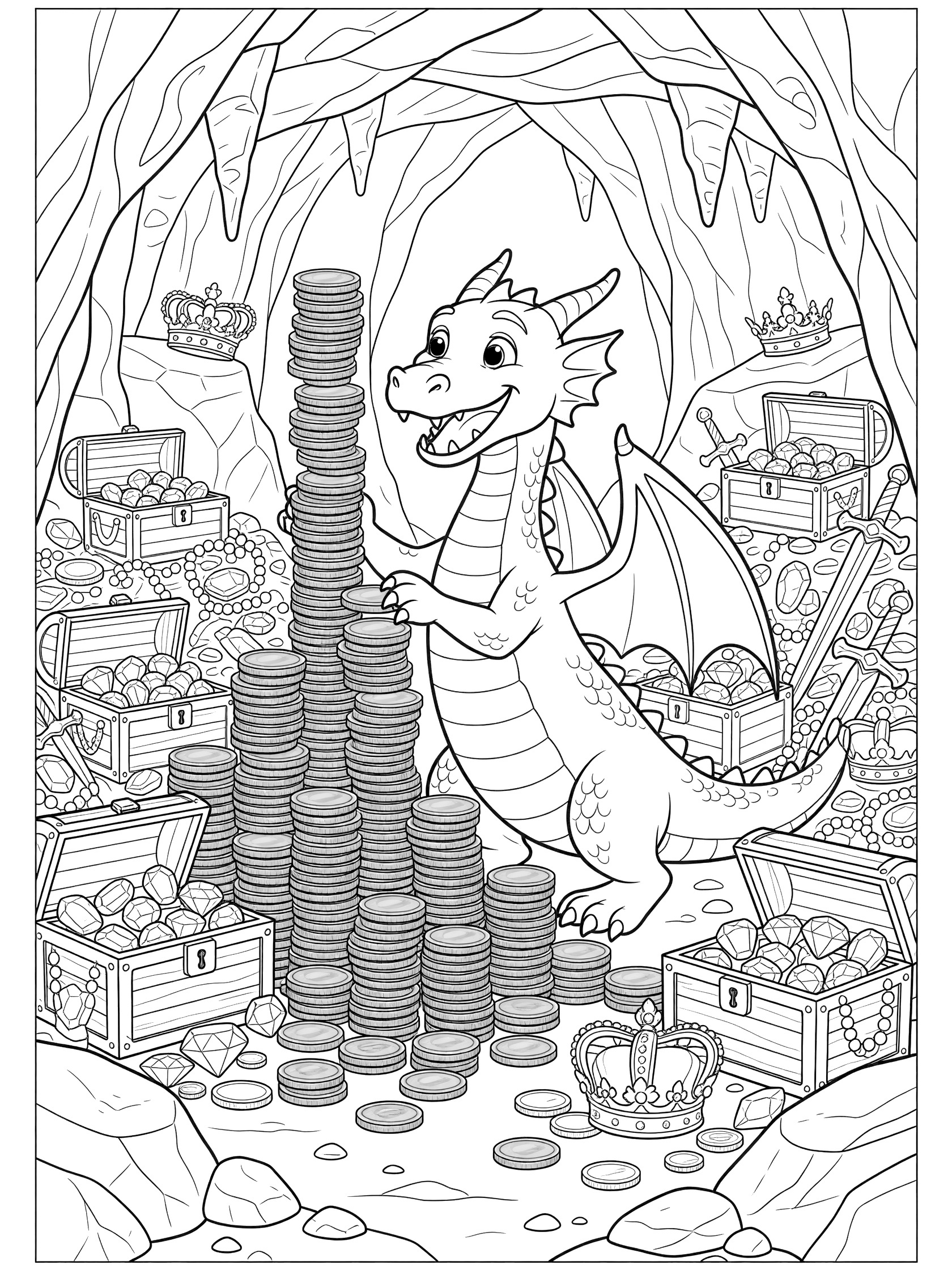 Black and white line art coloring page showing a smiling dragon standing on hind legs stacking gold coins into tall piles beside open treasure chests full of coins and gems in a rocky cave with stalactites. Dragon Cave themed black and white printable line art