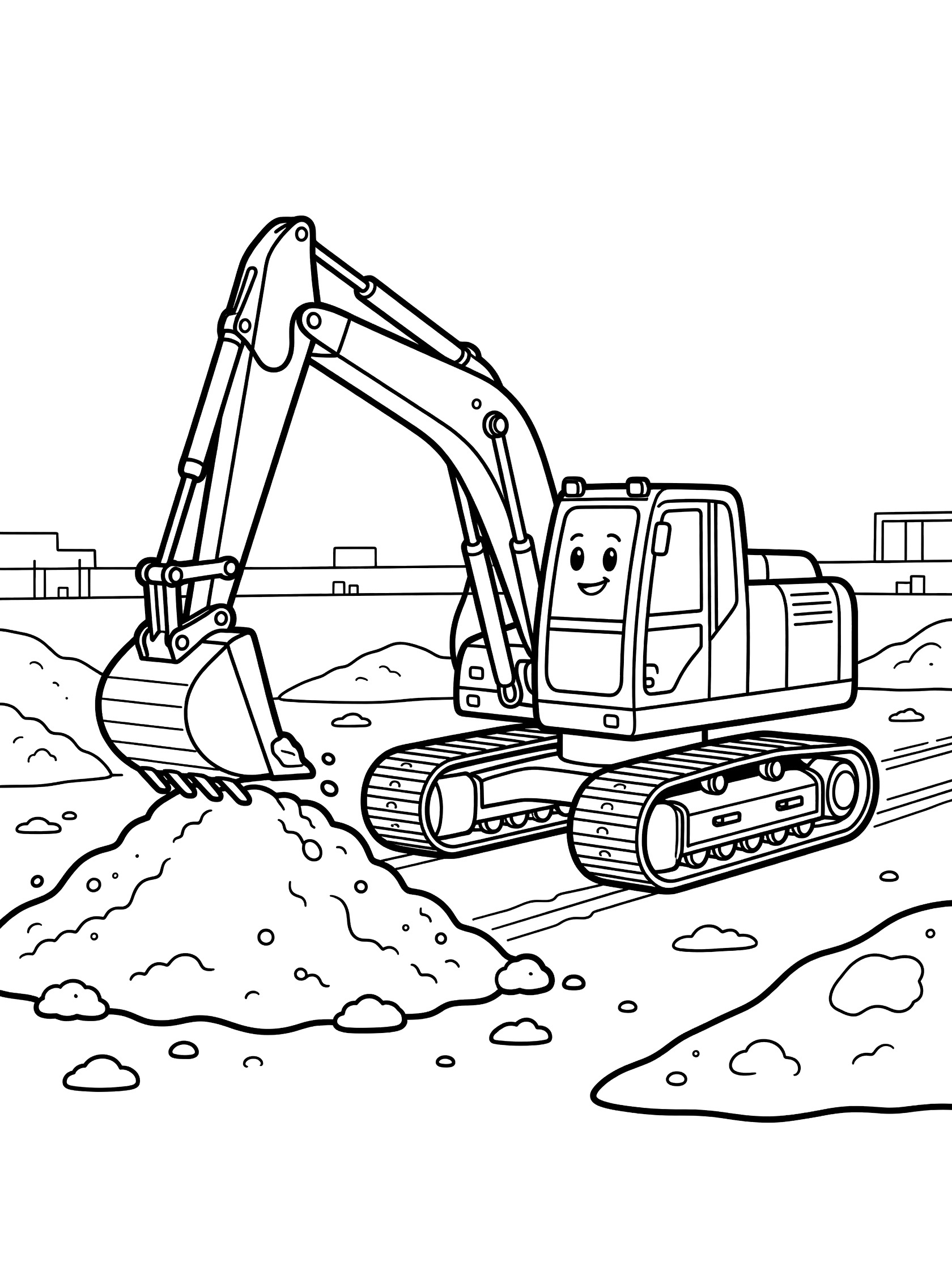 Black and white line art of a happy face excavator with long arm and open bucket scooping dirt from a pile, on a construction site with tracks and small dirt mounds.