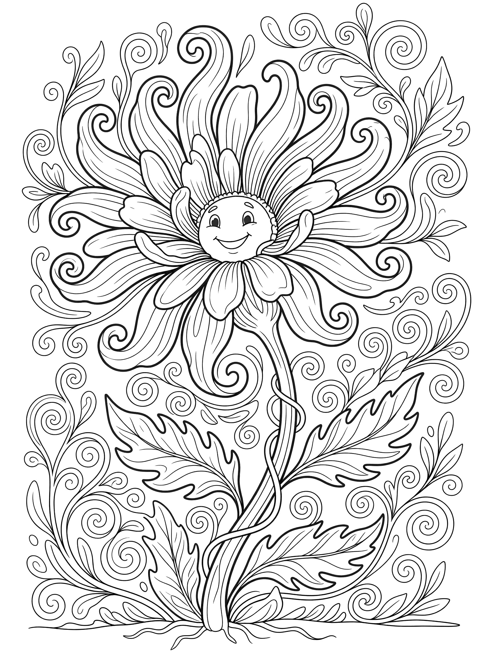 Black and white line art coloring page showing a happy faced flower with smiling eyes and mouth, flared curly petals, swirling leaves, twisting vines around the stem, and roots on a white background. Marigold themed black and white printable line art
