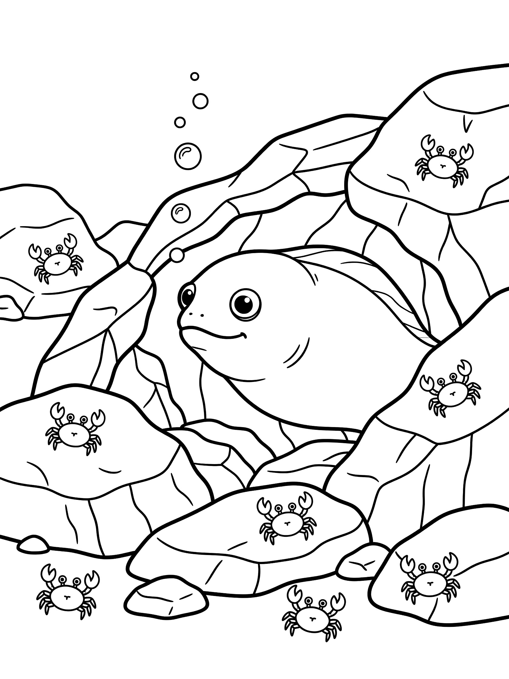 Black and white line art coloring page showing a happy fish peeking from rocks with crabs scooting around and bubbles floating up. Moray Eel themed black and white printable line art