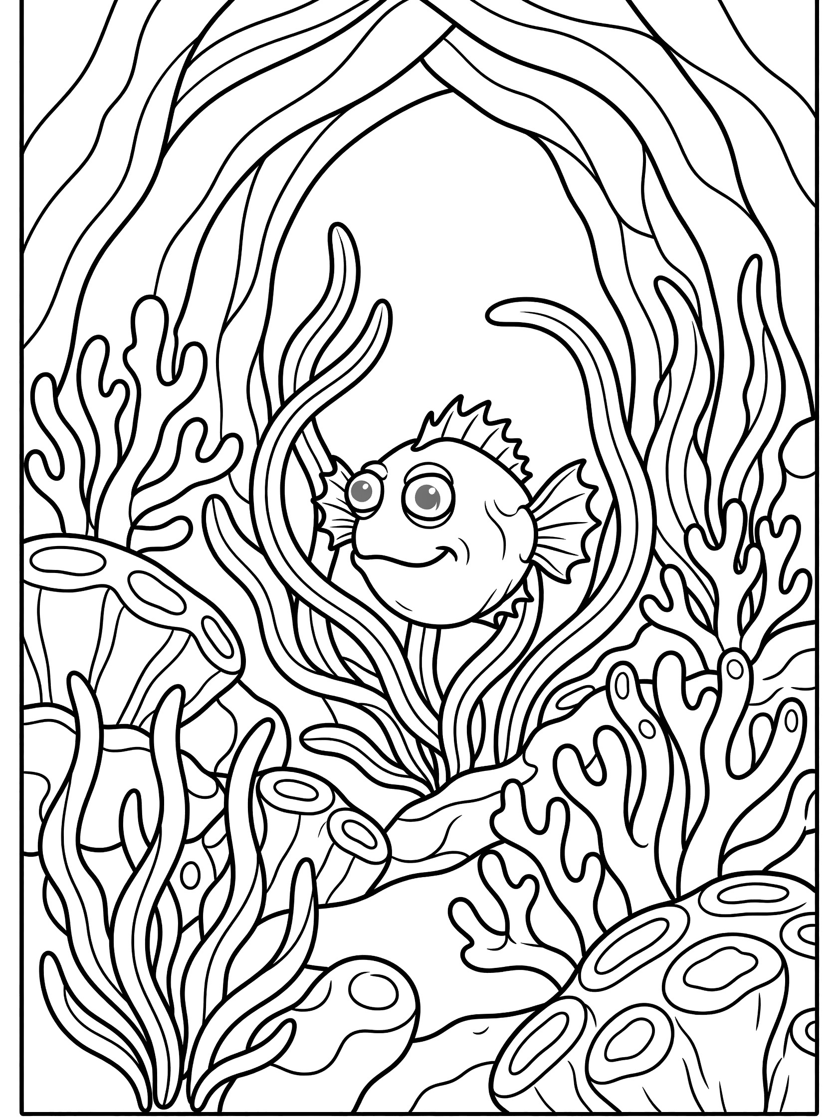 Black and white line art coloring page showing a smiling fish with big eyes in a seaweed cave surrounded by corals on white background. Anglerfish themed black and white printable line art