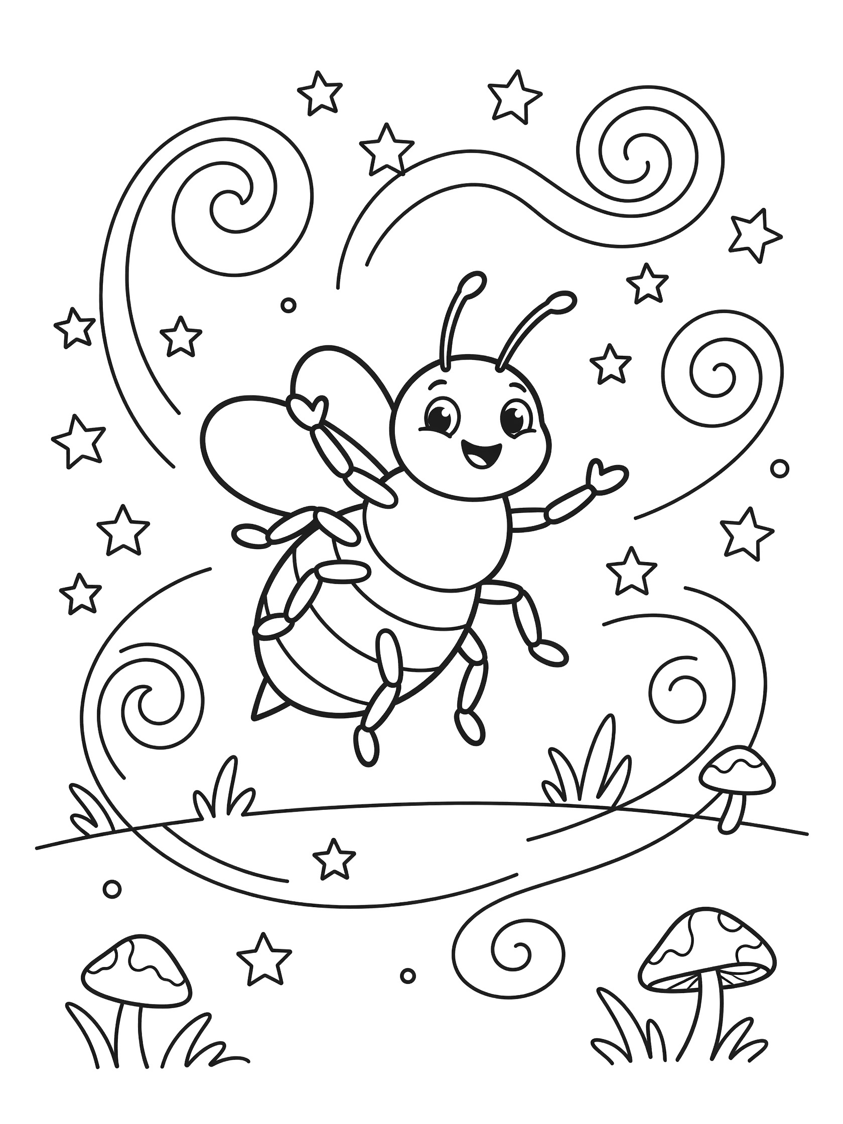 Black and white line art coloring page showing a cheerful bee flying with wings out, surrounded by stars and swirls, with mushrooms and grass below. Flea themed black and white printable line art