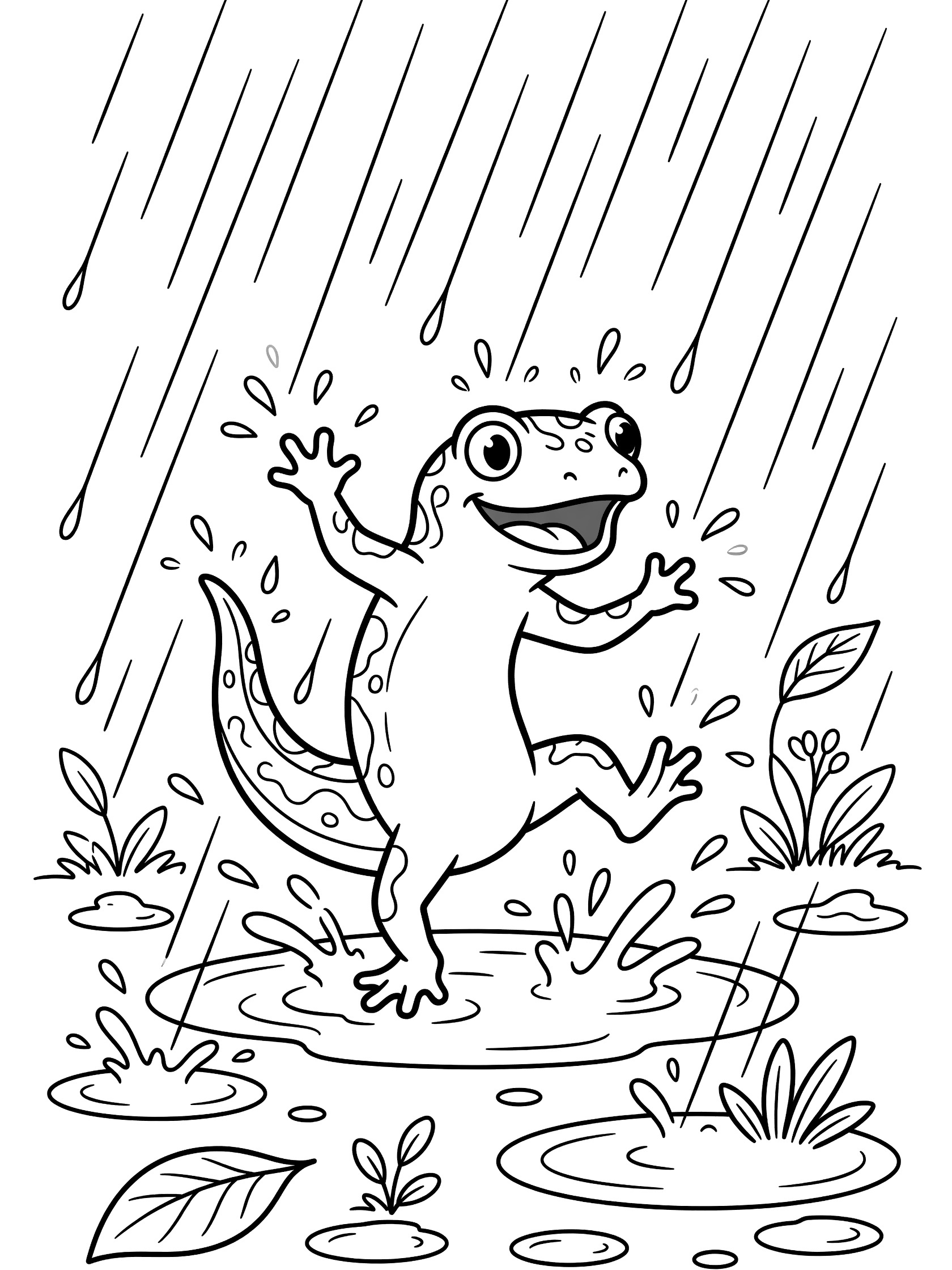 Black and white line art coloring page showing a happy gecko with big eyes dancing in rain, surrounded by splashing puddles, falling raindrops, leaves and small plants. Salamander themed black and white printable line art