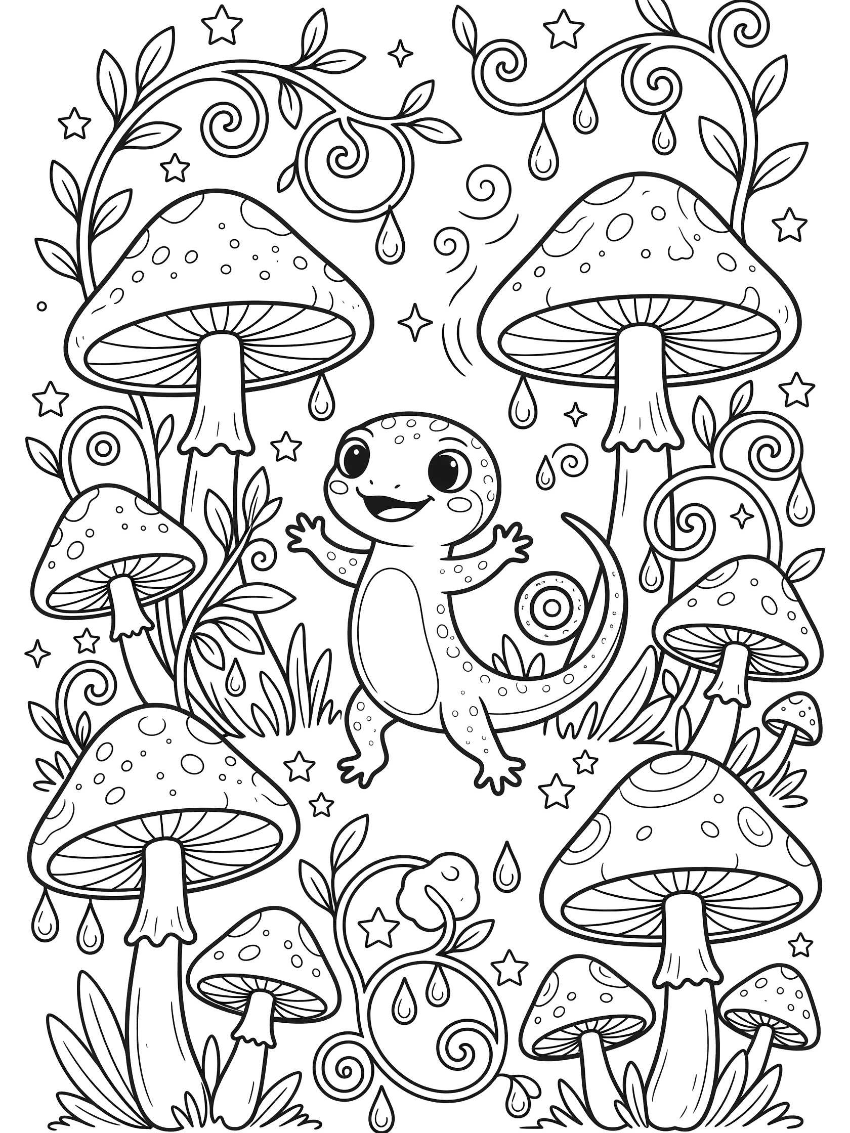 Black and white line art coloring page showing a smiling gecko with spots dancing happily surrounded by large mushrooms, curly vines, stars, swirls, and dewdrops on a white background.