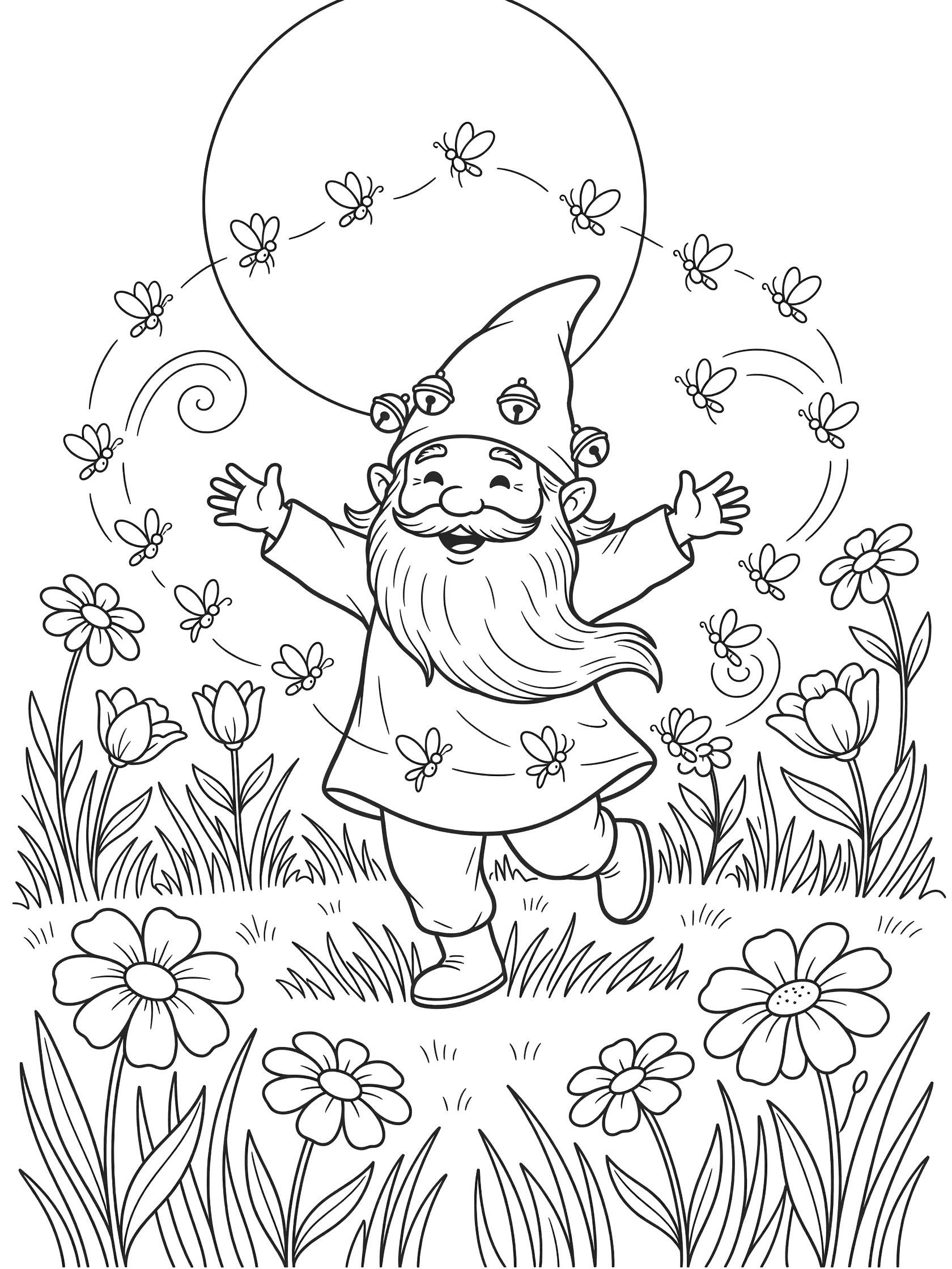 Black and white line art coloring page showing a smiling gnome with pointy hat, long beard, outstretched arms, dancing amid bees, moon, daisies and grass. Gnomes themed black and white printable line art