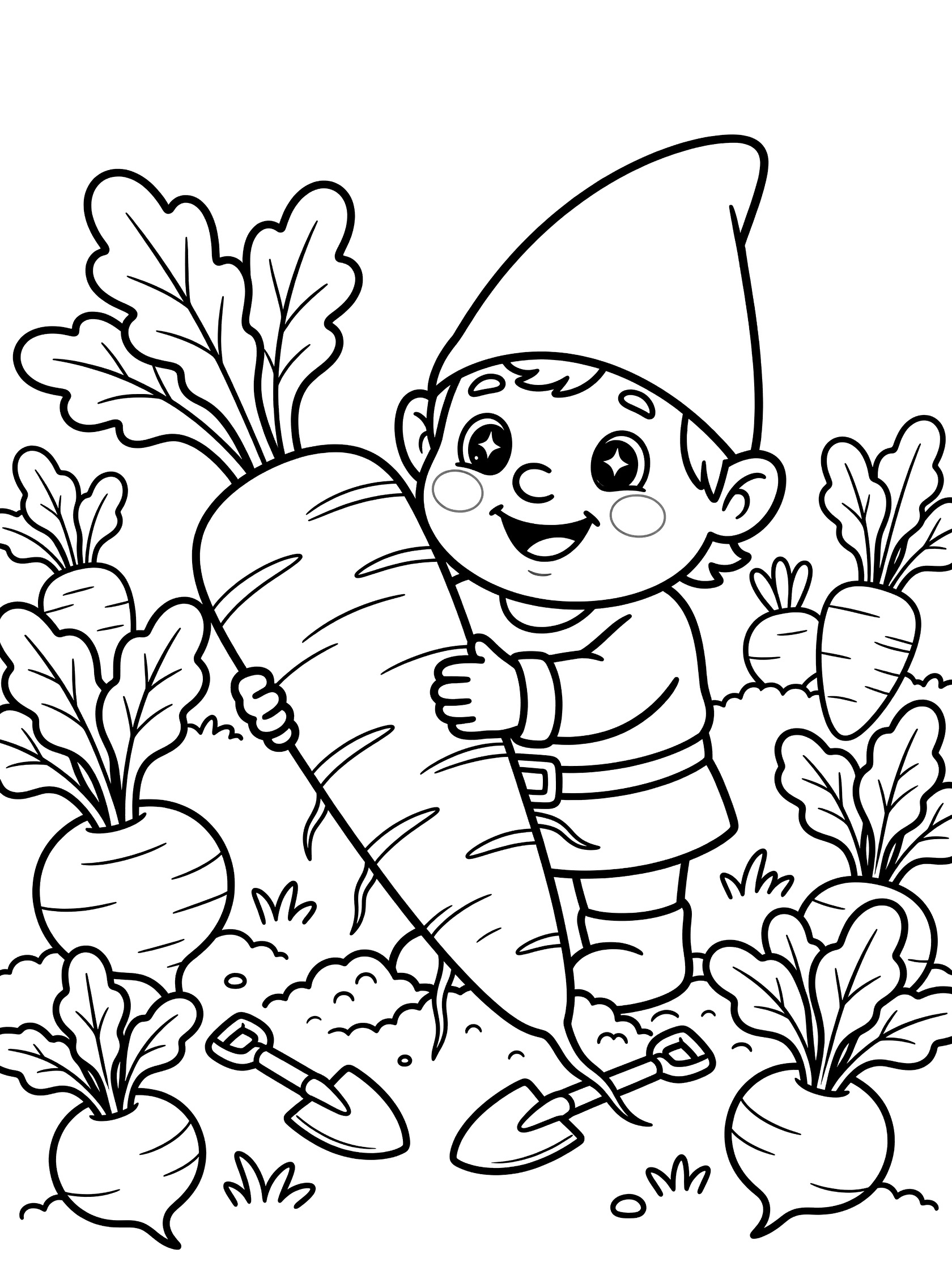 Black and white line art coloring page showing a smiling gnome in hat and vest holding a huge carrot, surrounded by garden vegetables like beets and more carrots, with shovels in soil. Garden Gnomes themed black and white printable line art