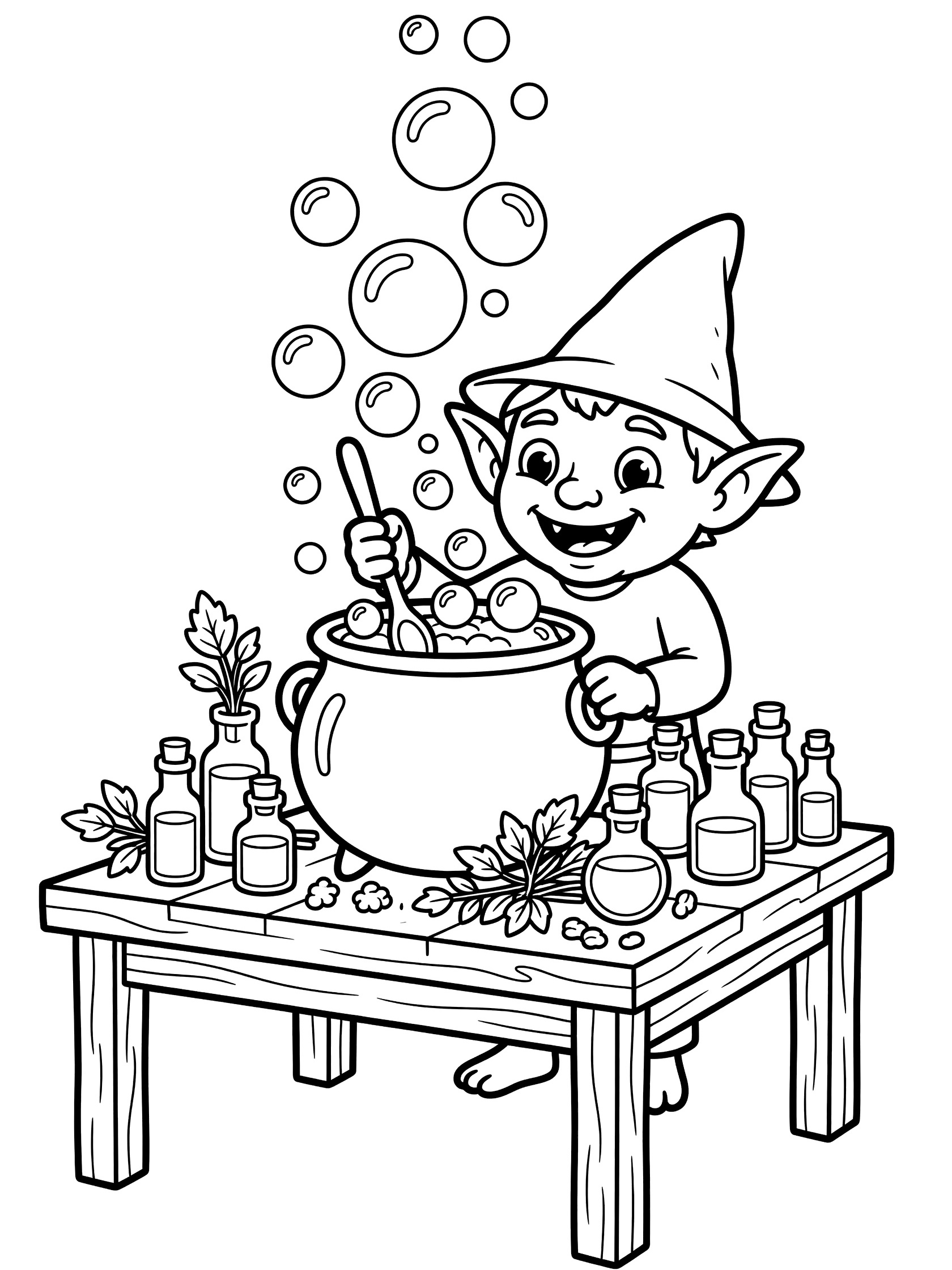 Black and white line art coloring page showing a smiling gnome in pointy hat stirring bubbles in a round cauldron with wooden spoon, surrounded by glass vials and leaves on a wooden table. Goblin themed black and white printable line art