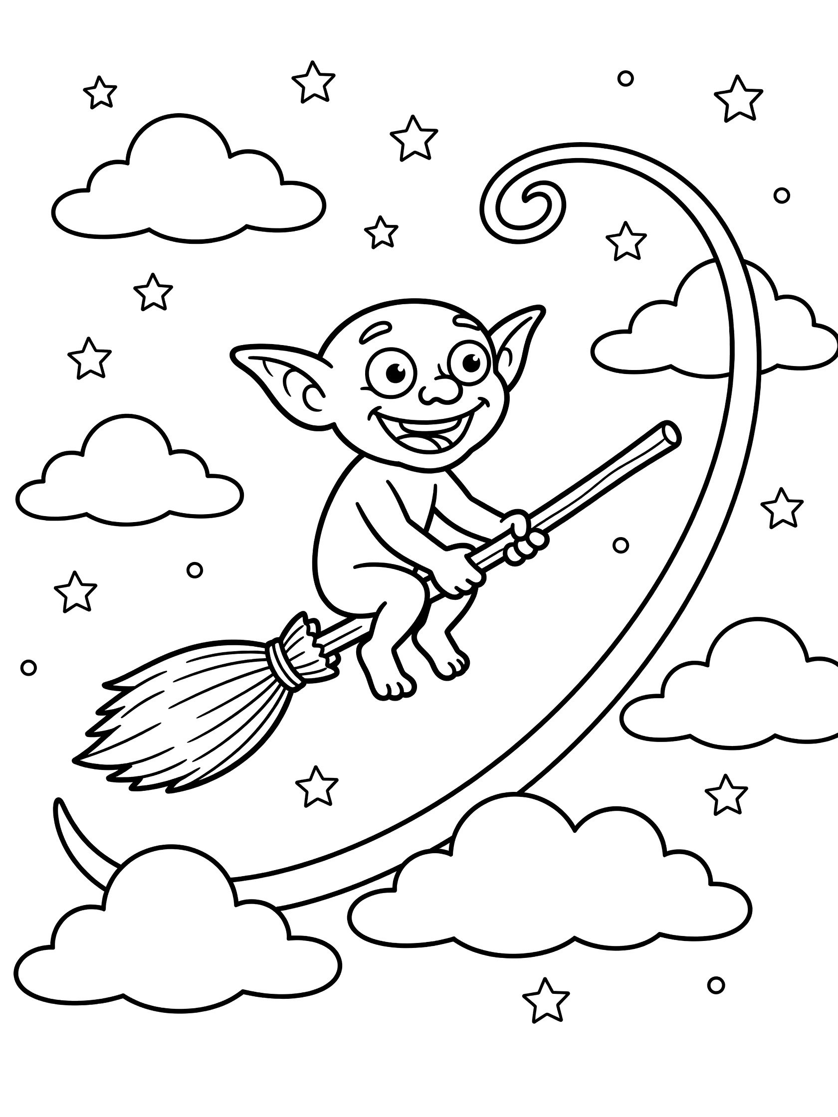 Black and white line art coloring page showing a cute goblin with pointy ears grinning while riding a curly broomstick in the sky surrounded by stars and fluffy clouds.