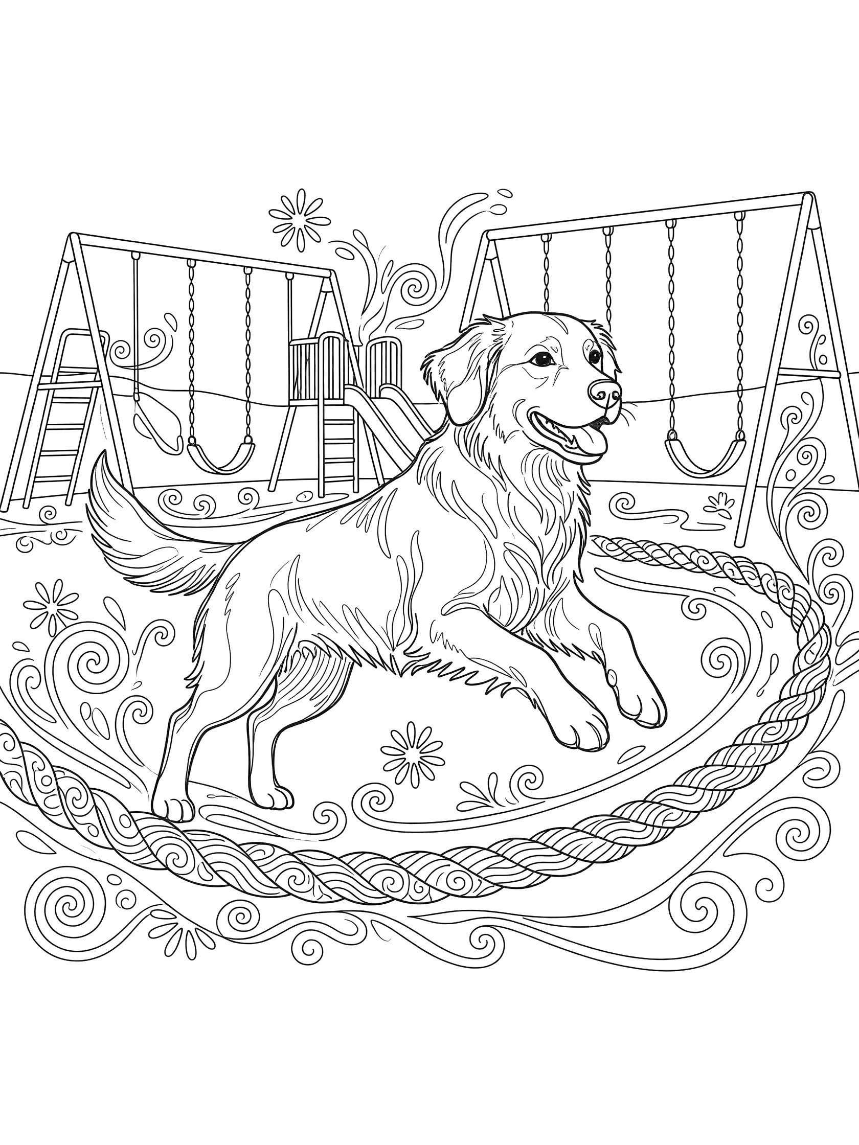 Black and white line art coloring page showing a Golden Retriever dog leaping over a rope amid playground swings, slide, flowers, and swirls
