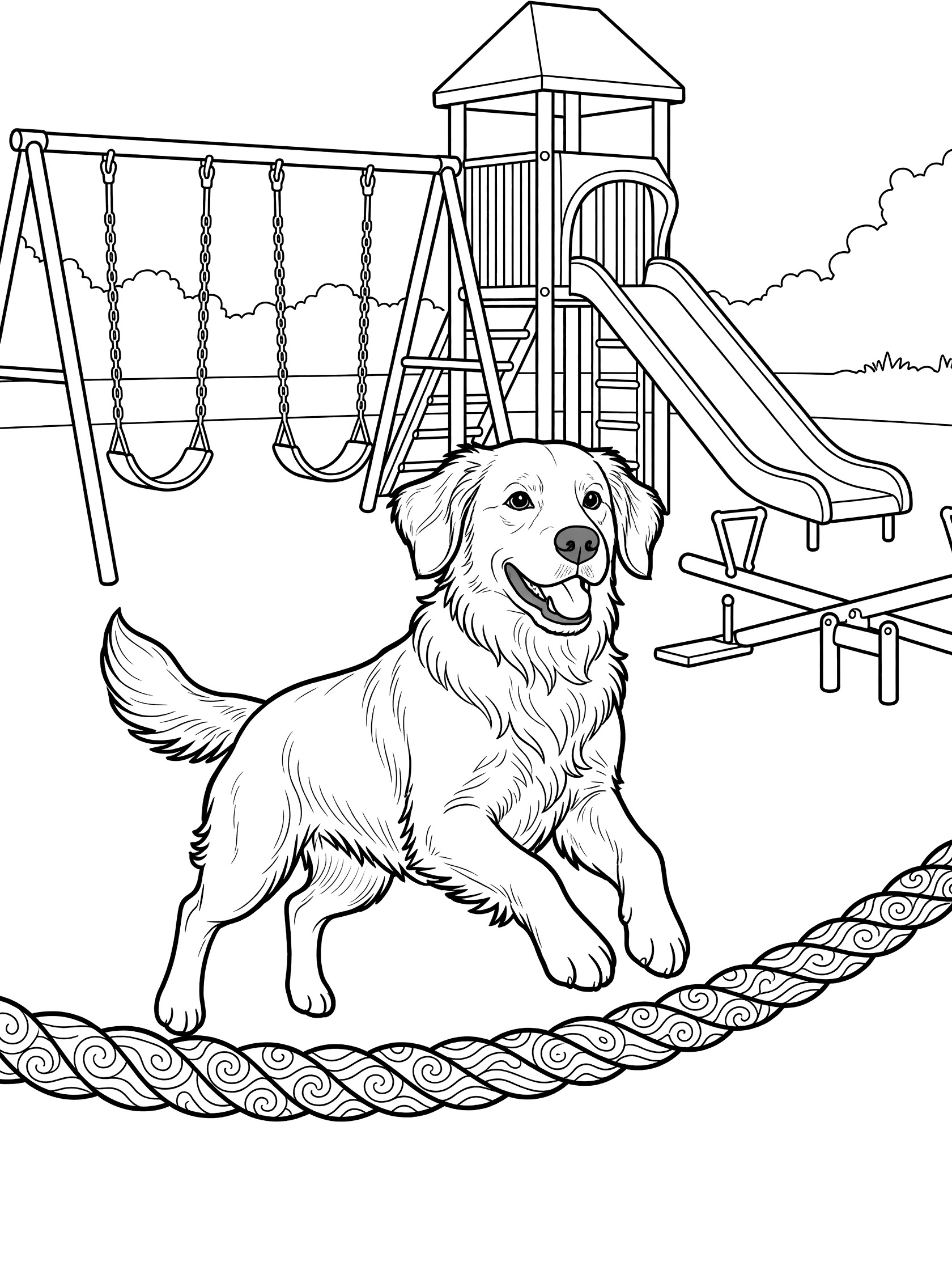 Black and white line art coloring page showing a Golden Retriever dog leaping over a rope in a playground with swings, slide, and play structure.
